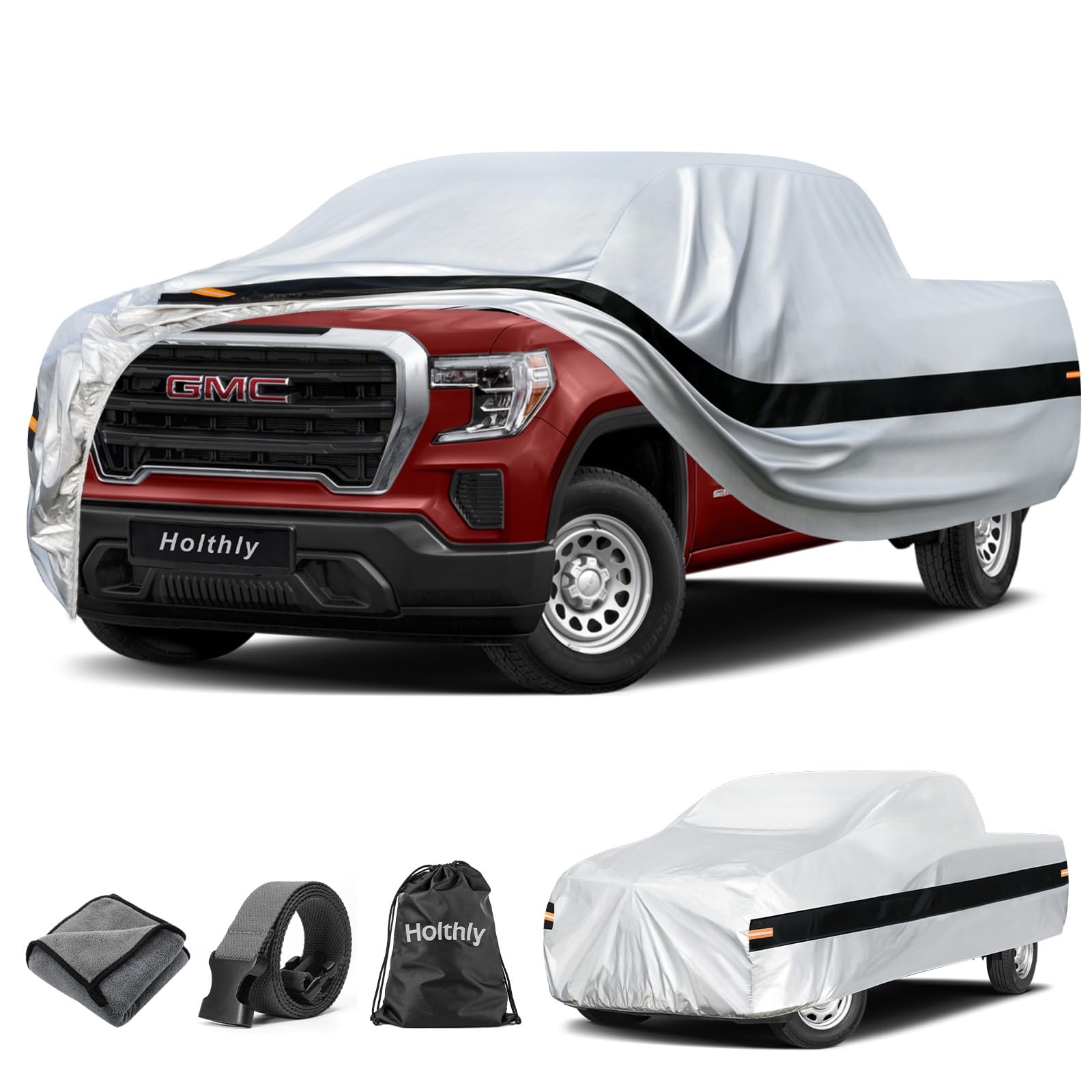 10 Layers Truck Cover Waterproof All Weather Custom Fit GMC Sierra 1500(2002-2026)Double/Extended/Crew Cab Short Bed, Outdoor Full Exterior Pickup Car Cover Sun Rain Snow Ice Protection.Sliver