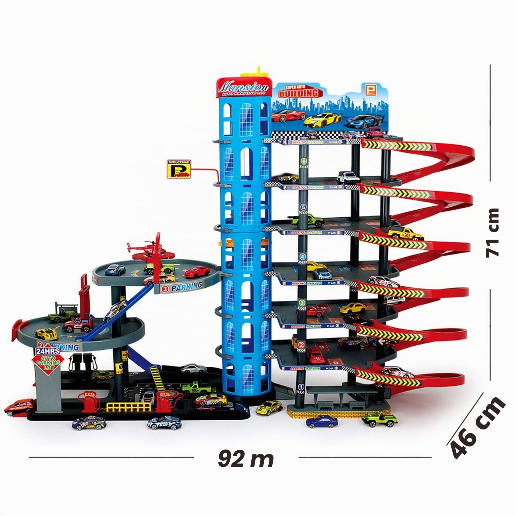 Parktower - Set da gioco con 9 livelli, con 6 auto in metallo ed elicottero, parcheggio con ascensore, stazione di servizio, officina e autolavaggio, grande giocattolo per bambini