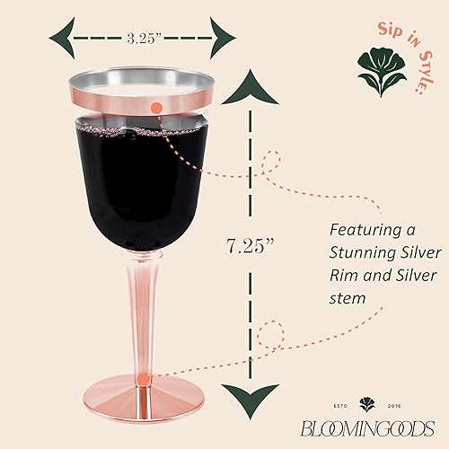 Miniatura 3 de 50 copas de vino desechables de plástico con borde de oro rosa, tamaño grande, 9.98 oz. BloominGoods - Vasos para bodas y eventos (50 unidades,