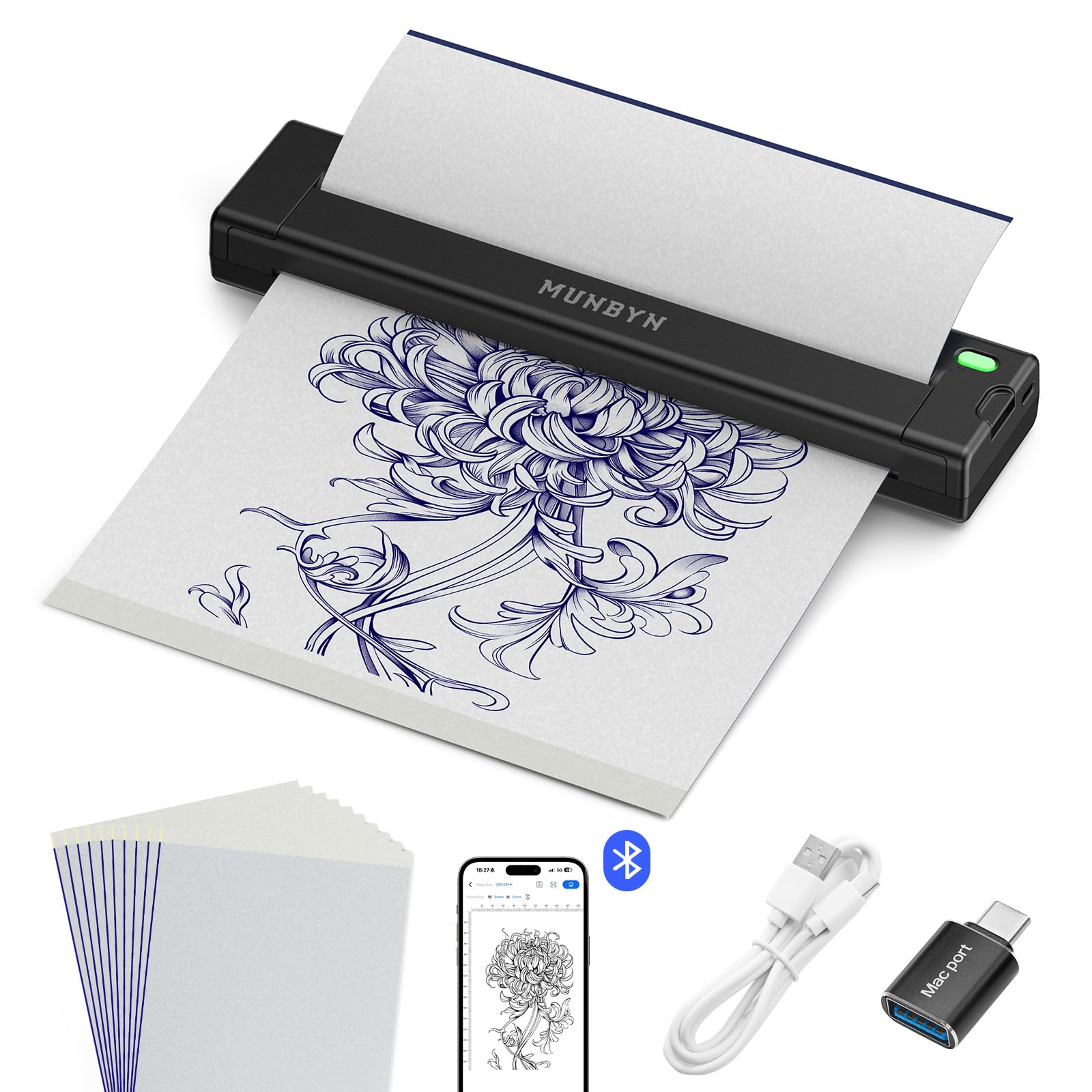 MUNBYN ITP05S Tattoo Drucker Bluetooth, Stencil Drucker, Tattoo Printer Thermodrucker mit 10 Blatt A4 Transferpapier, kompatibel mit Android, iOS, macOS und Windows, Schwarz