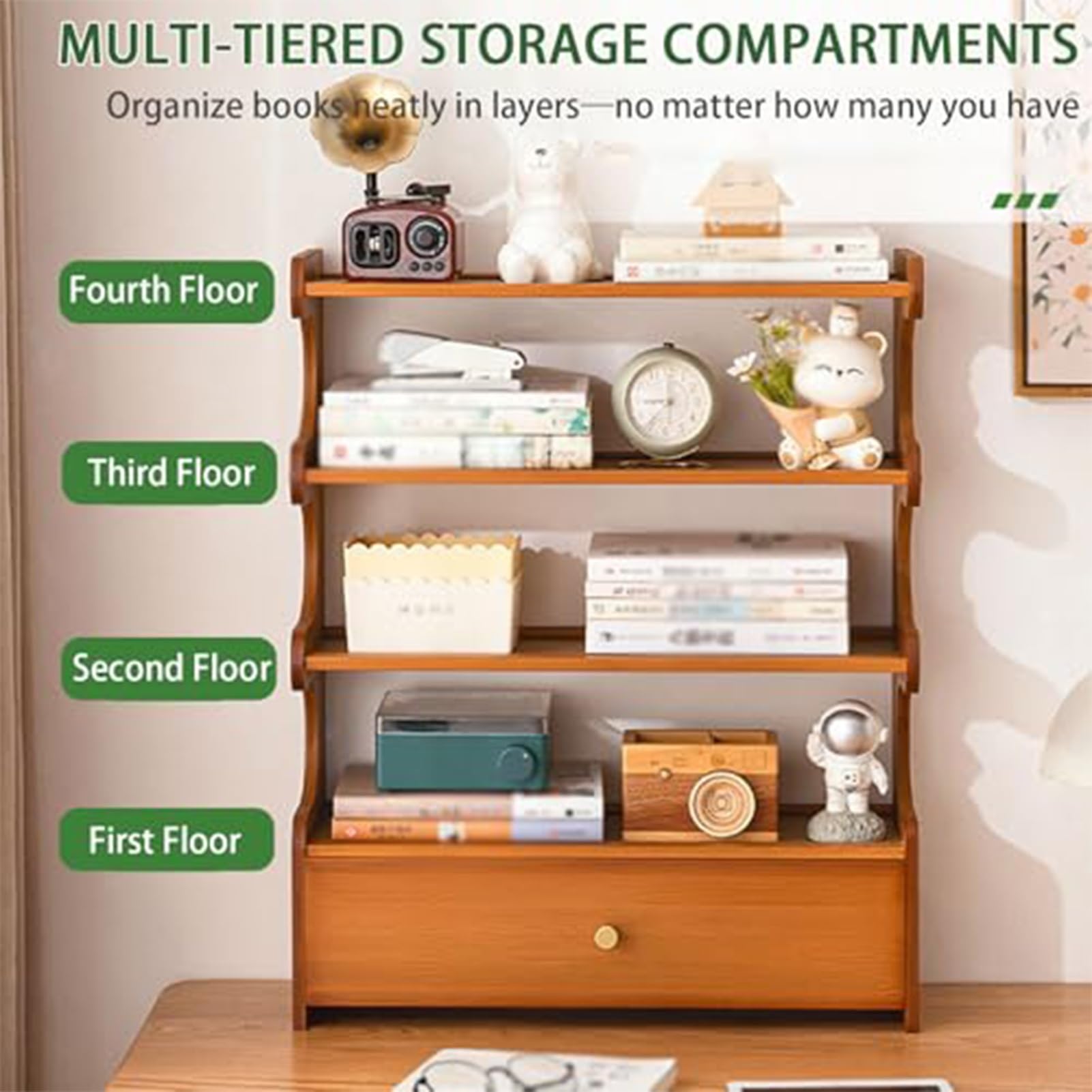 3/4-stöckiges Bambus-Schreibtischregal Mit Schublade, Ablagefläche Für Die Arbeitsplatte, Organizer Für Bücher, Bürobedarf, Homeoffice, Arbeitszimmer, Schlafzimmer(B,4-layer(50*19*62CM))