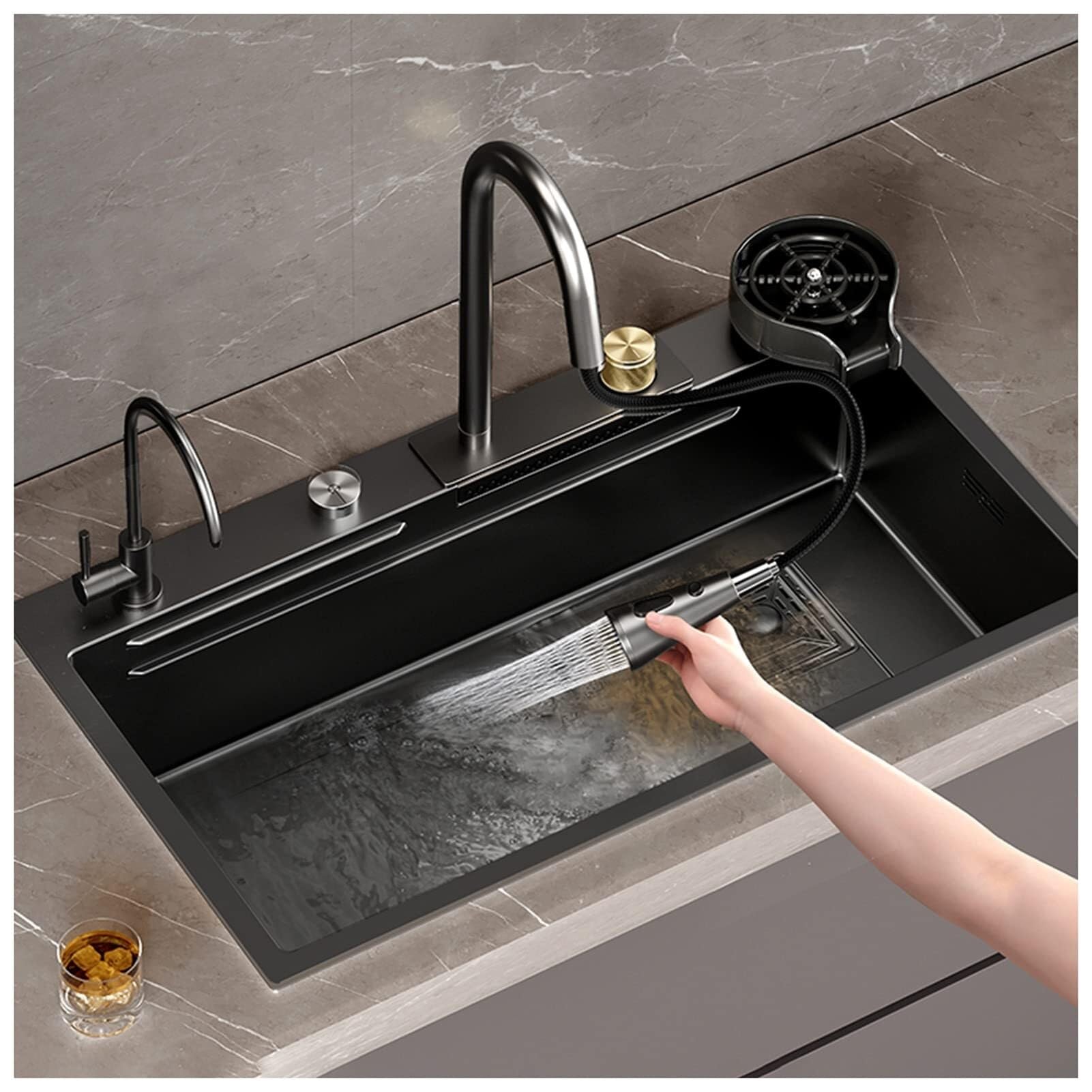 Évier de cuisine cascade noir avec robinet et lave-verre encastrable 72cm