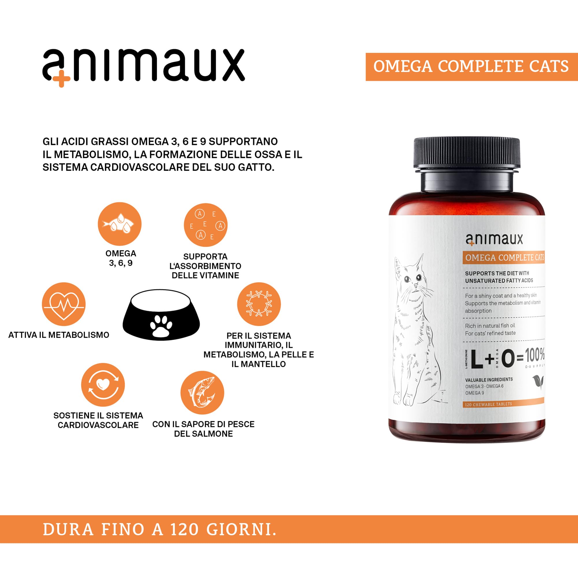 Omega 3, 6 e 9 per gatti - 120 compresse da masticare - Olio di pesce naturale con acidi grassi per metabolismo, formazione di ossa, pelle e peeling - animali Omega Complete Cats