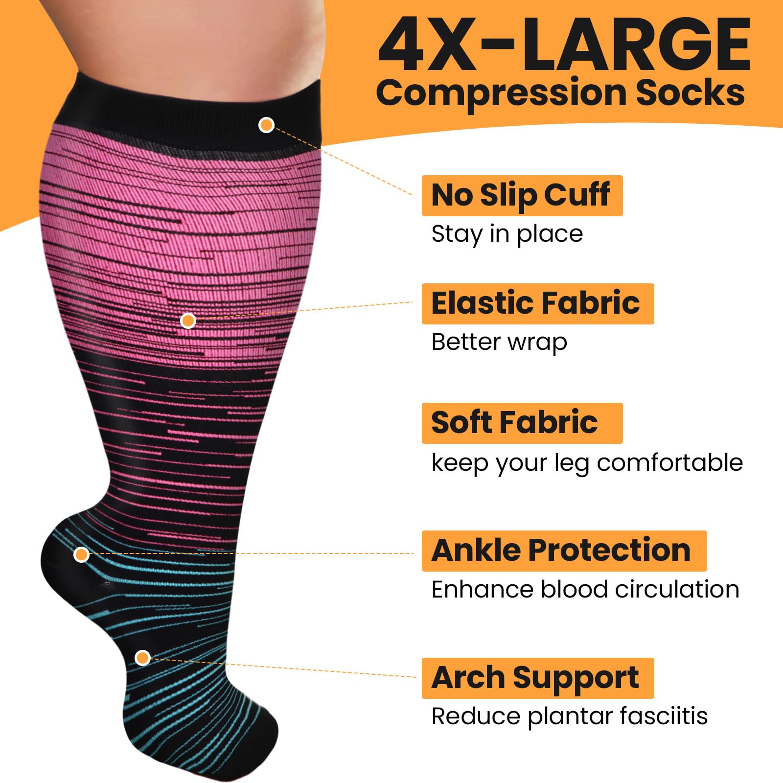 Croknit 8 Pairs 4x-large Plus Size Compression Socks for Women Men Wide Calf Extra Large Size Knee Support Socks for Circulation (Classic Style)
