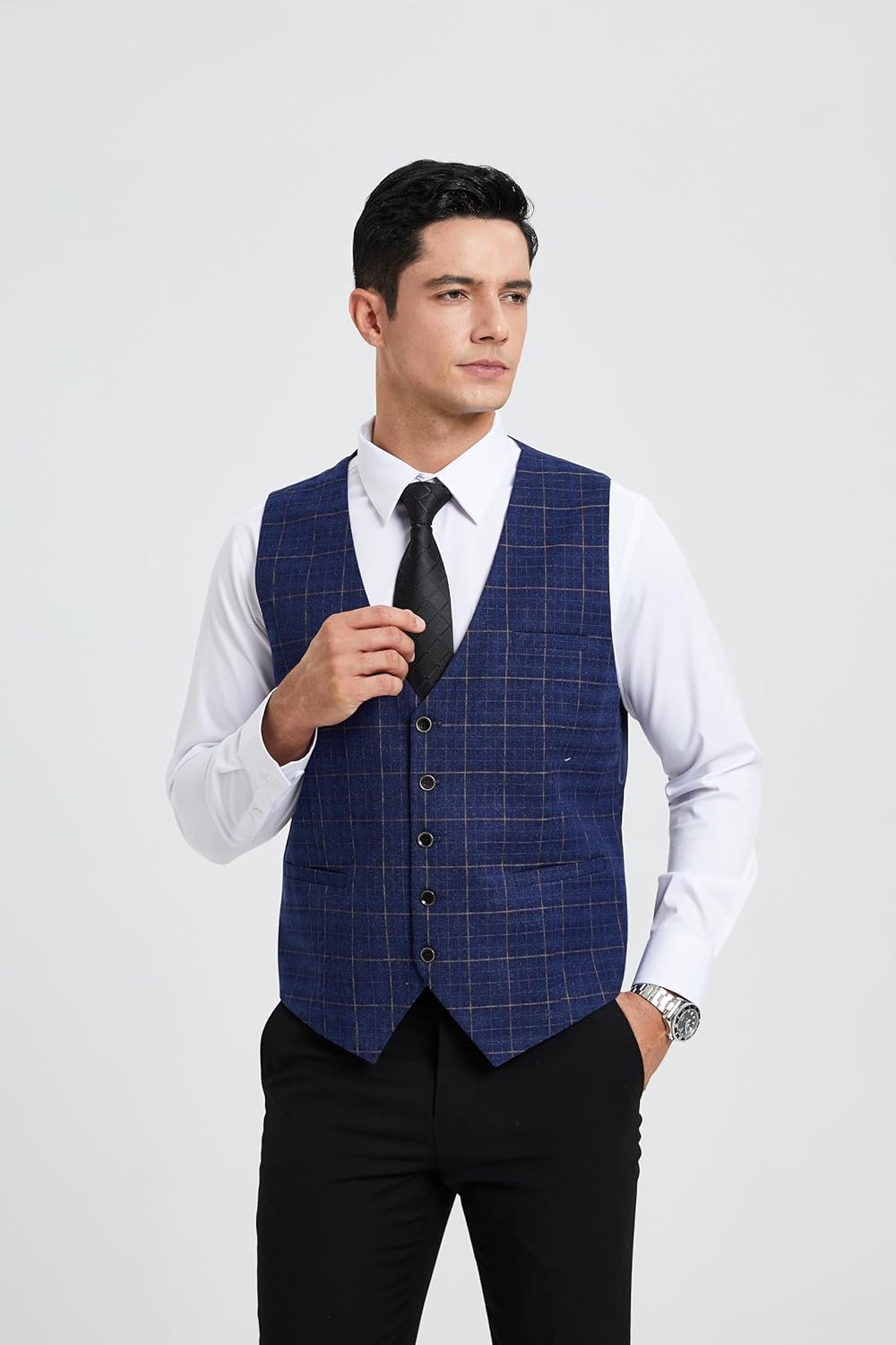 HISDERN Men's Suit Vest Plaid Dress Vest for Men Slim Fit Formal Business Waistcoat Tuxedo V-Neck Solid Vest for Wedding - Image 5