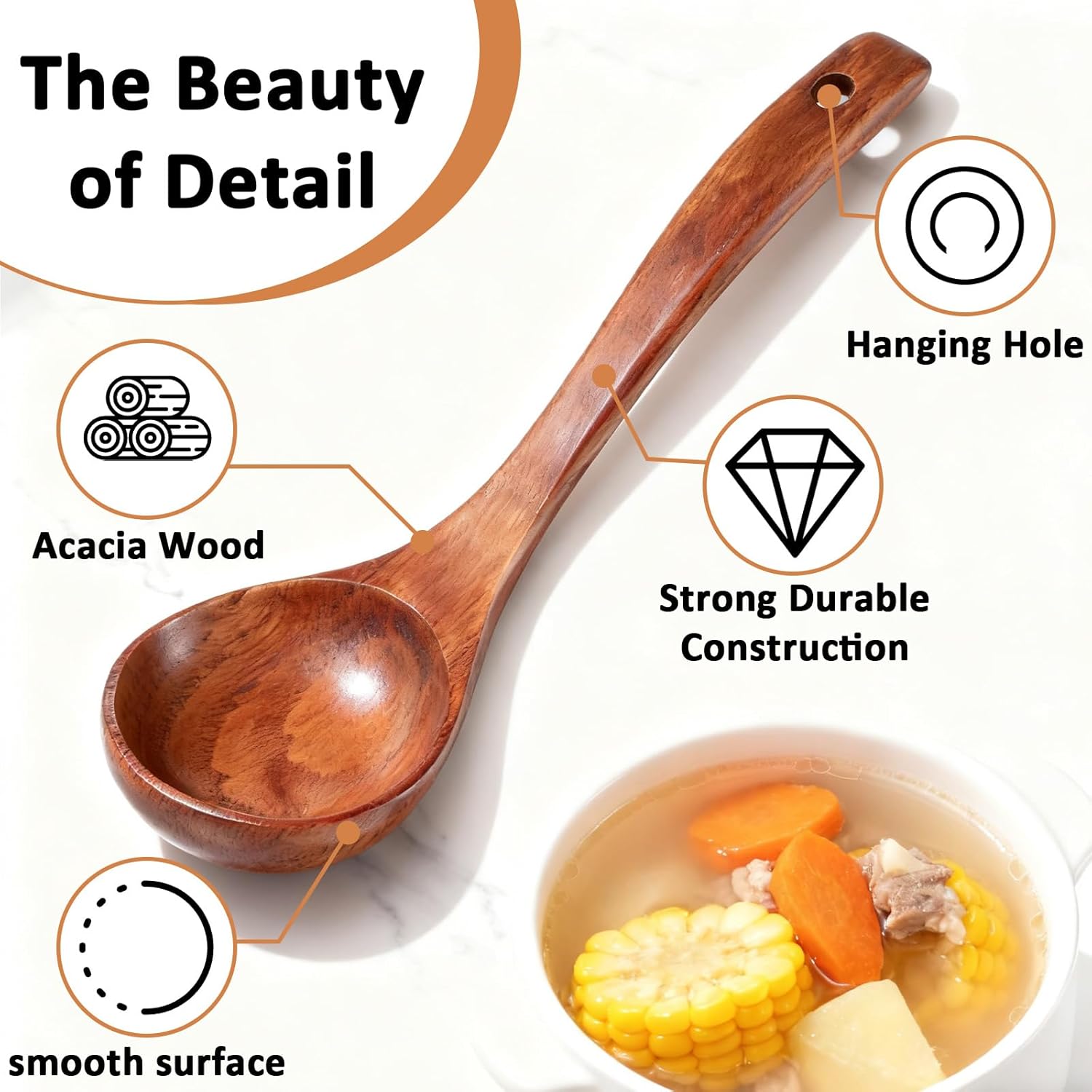 Wooden Ladle for soup, 11 Inch Wooden Soup Spoon, Long Handle Ladle Spoon, Large Kitchen Woodens Scoop for Cooking Serving Cookware, Gravy Sauce Porridge - Image 3