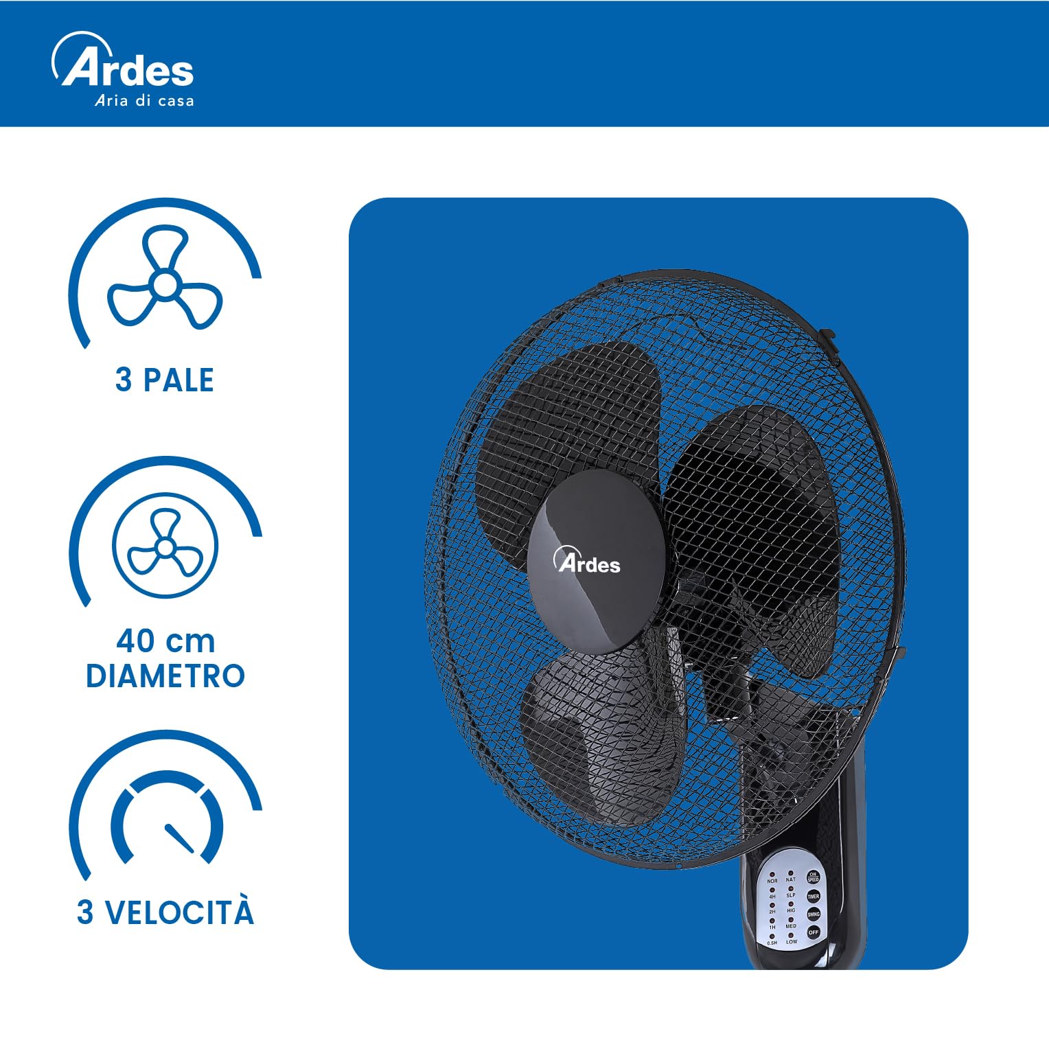 ARDES | AR5W40R Ventilatore da Parete con 3 Pale Rotanti di 40cm Telecomando a Distanza Oscillazione Automatica Timer Regolabile e 3 Velocità dal Design Elegante Ventilatore Murale Nero
