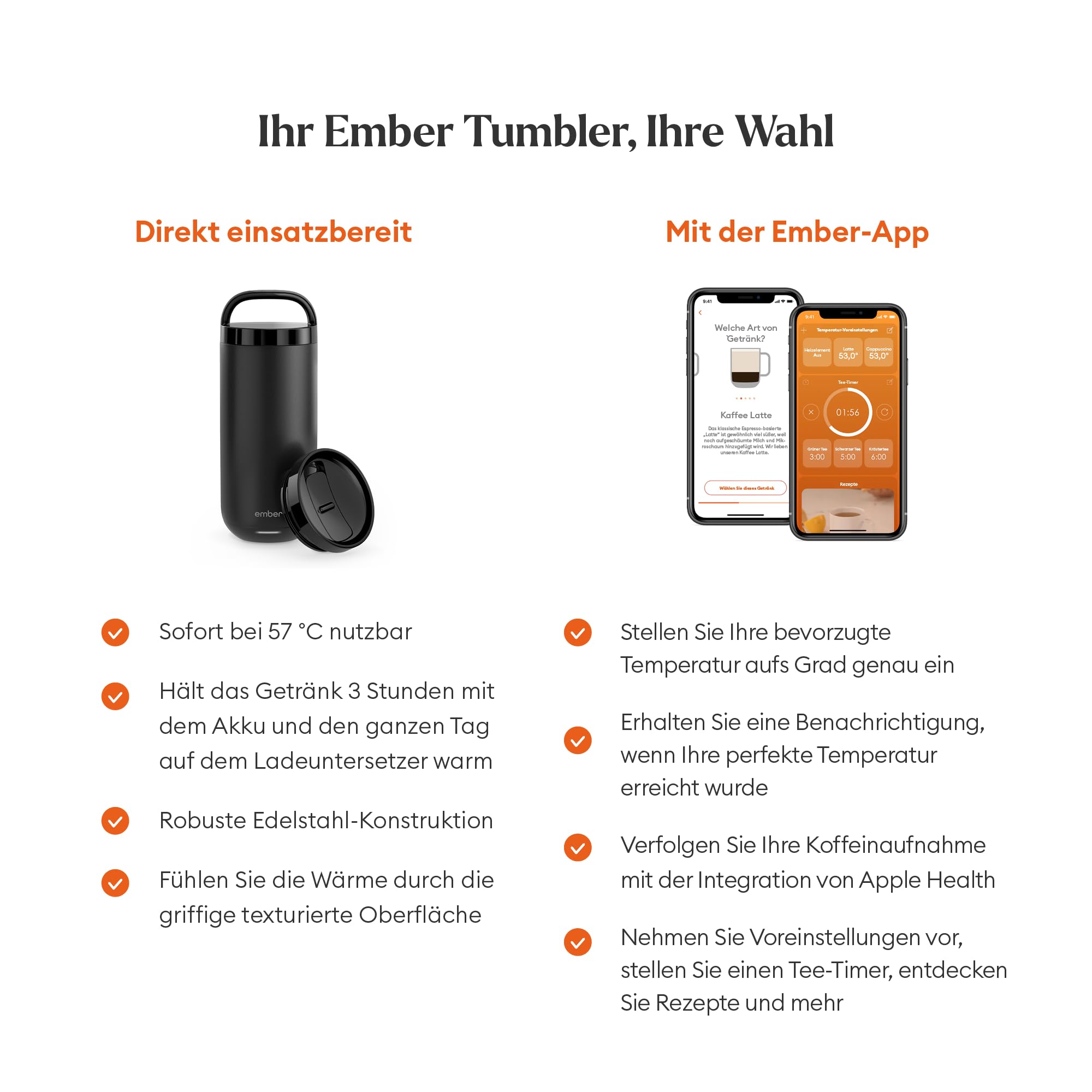 Ember Smart Tumbler mit Temperatureinstellung – 473 ml, per App steuerbar, wiederaufladbarer Reisebecher – Edelstahl-Thermoskanne mit auslaufsicheren Deckeln – 3-Stunden-Akku, Schwarz