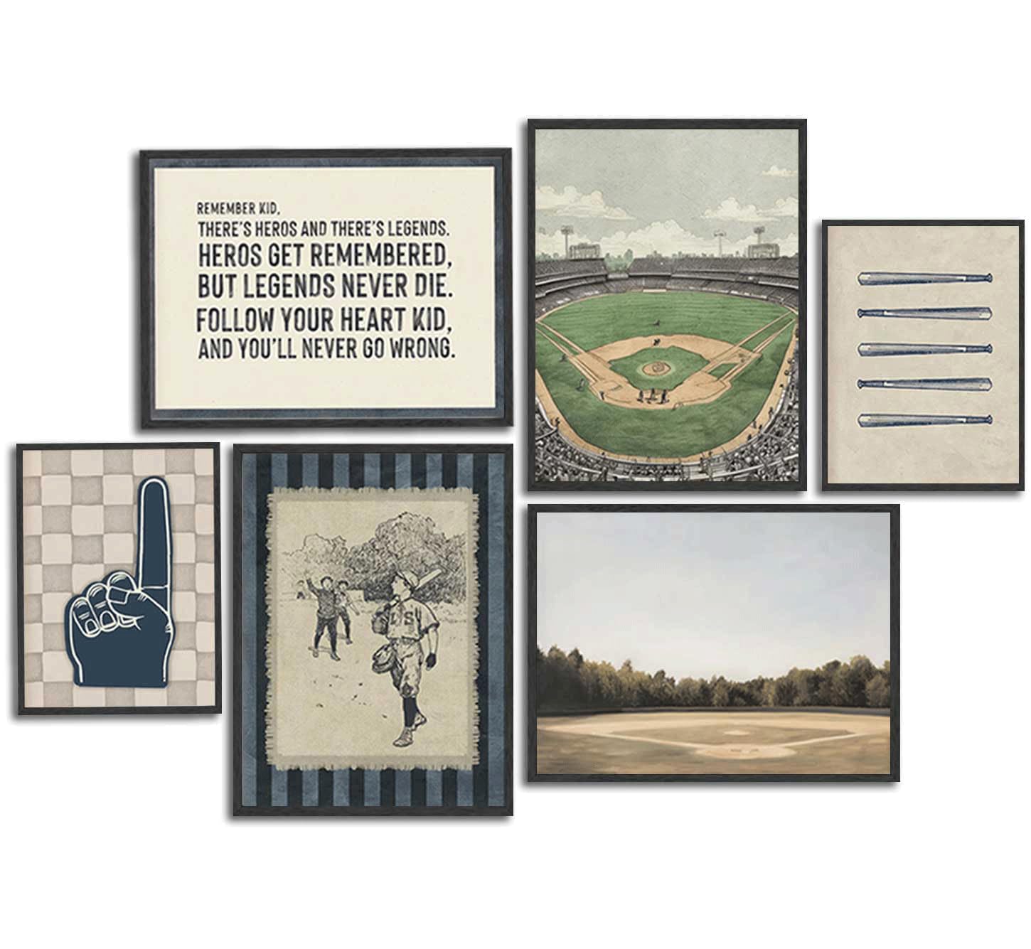 WWN Vintage Baseball Canvas Wall Art Set of 6 Baseball Field Stadium Picture Wall Decor Sports Inspirational Quotes Poster Painting Prints Artwork for