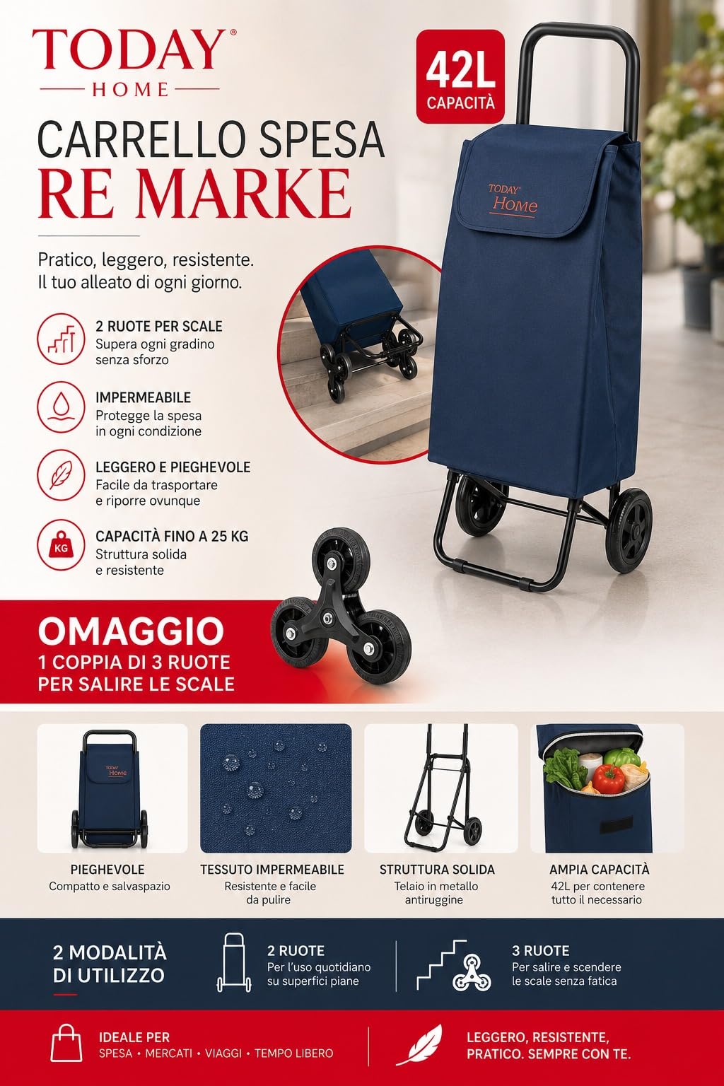 Carrello Spesa 42L con 2 Ruote per Scale + OMAGGIO 1 COPPIA DI 3 RUOTE per salire le scale, Pieghevole, Impermeabile, Leggero, Capacità 25 kg, Modello Re Marke