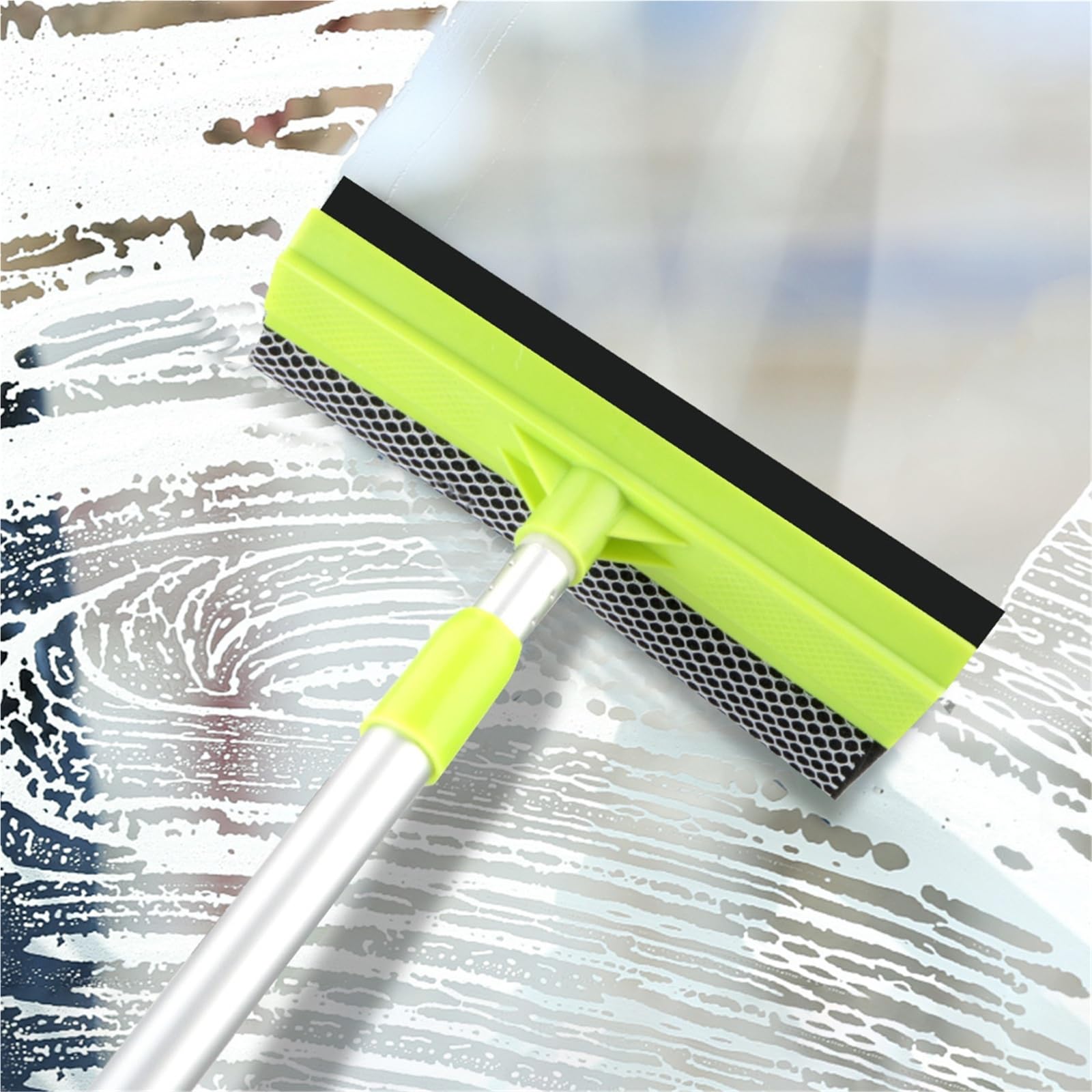 Escobilla Limpiacristales Limpiaparabrisas 2 en 1 for Coche, Cepillo Limpiador de Espuma, fregona, raspador Vidrio for Ventana, Limpieza del hogar, Esponja, Varilla telescópica(Green)