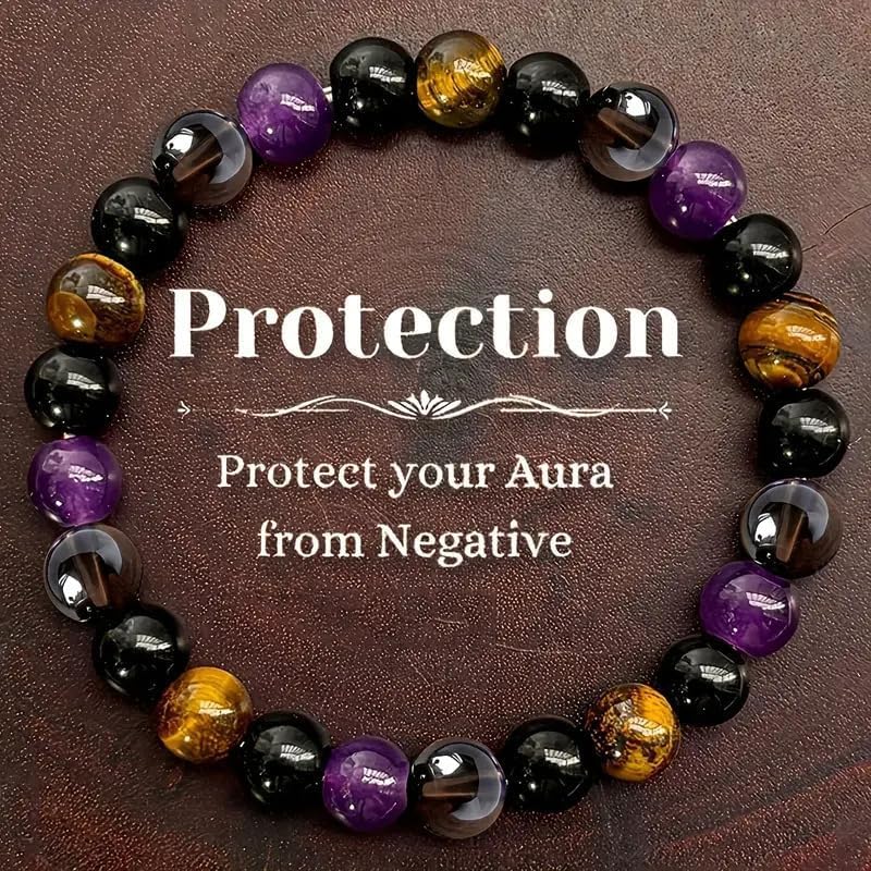 1PC Tiger's Eye Beaded Bracelet, Stretchy Beaded Bracelet, Healing Crystal Jewelry for Women Men, Fashion Accessory for Energy Balancing(Purple&Brown)3