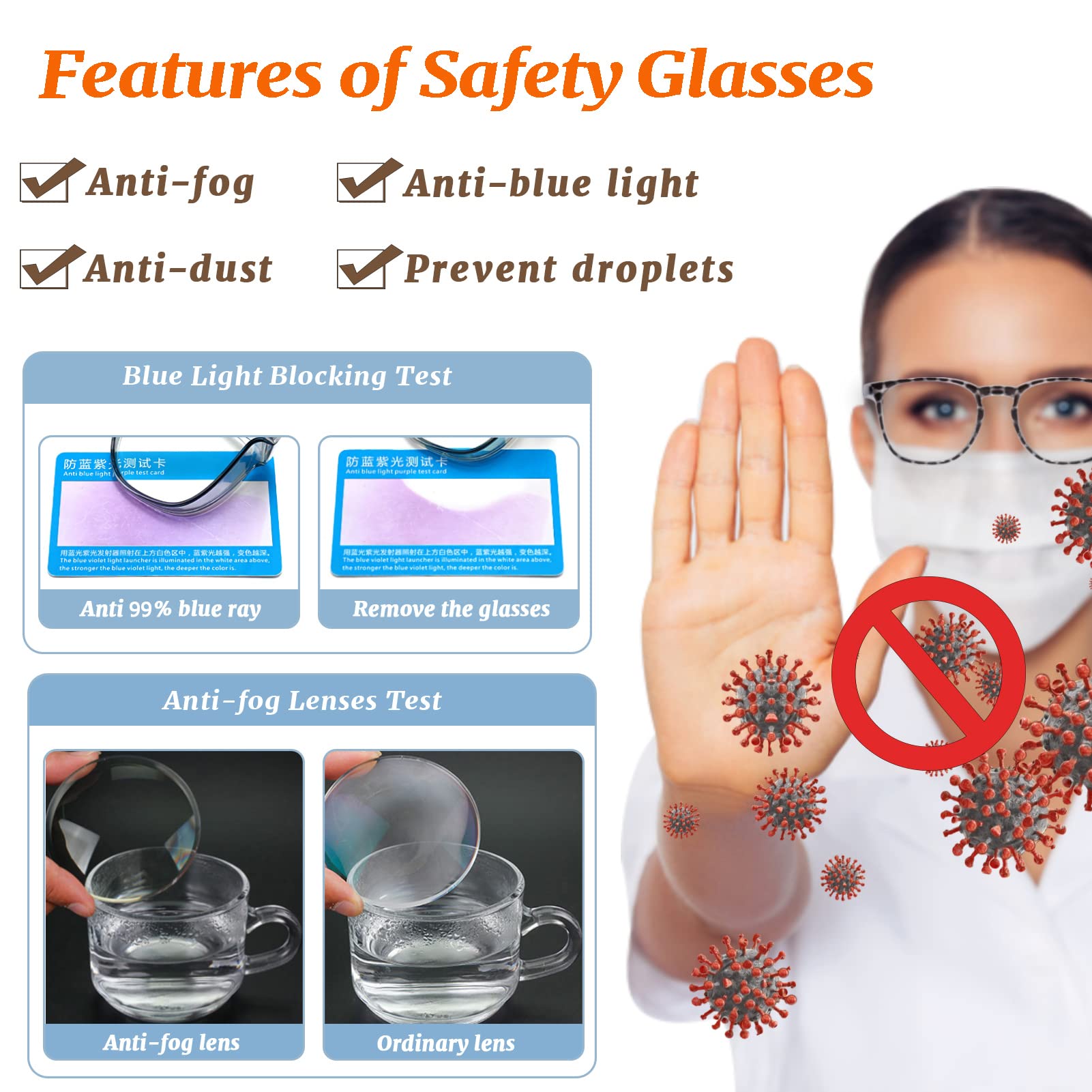 Lot de 2 lunettes de sécurité anti-buée pour homme et femme, Anti-pollen, Objectif haute définition, Protection UV400, Transparent