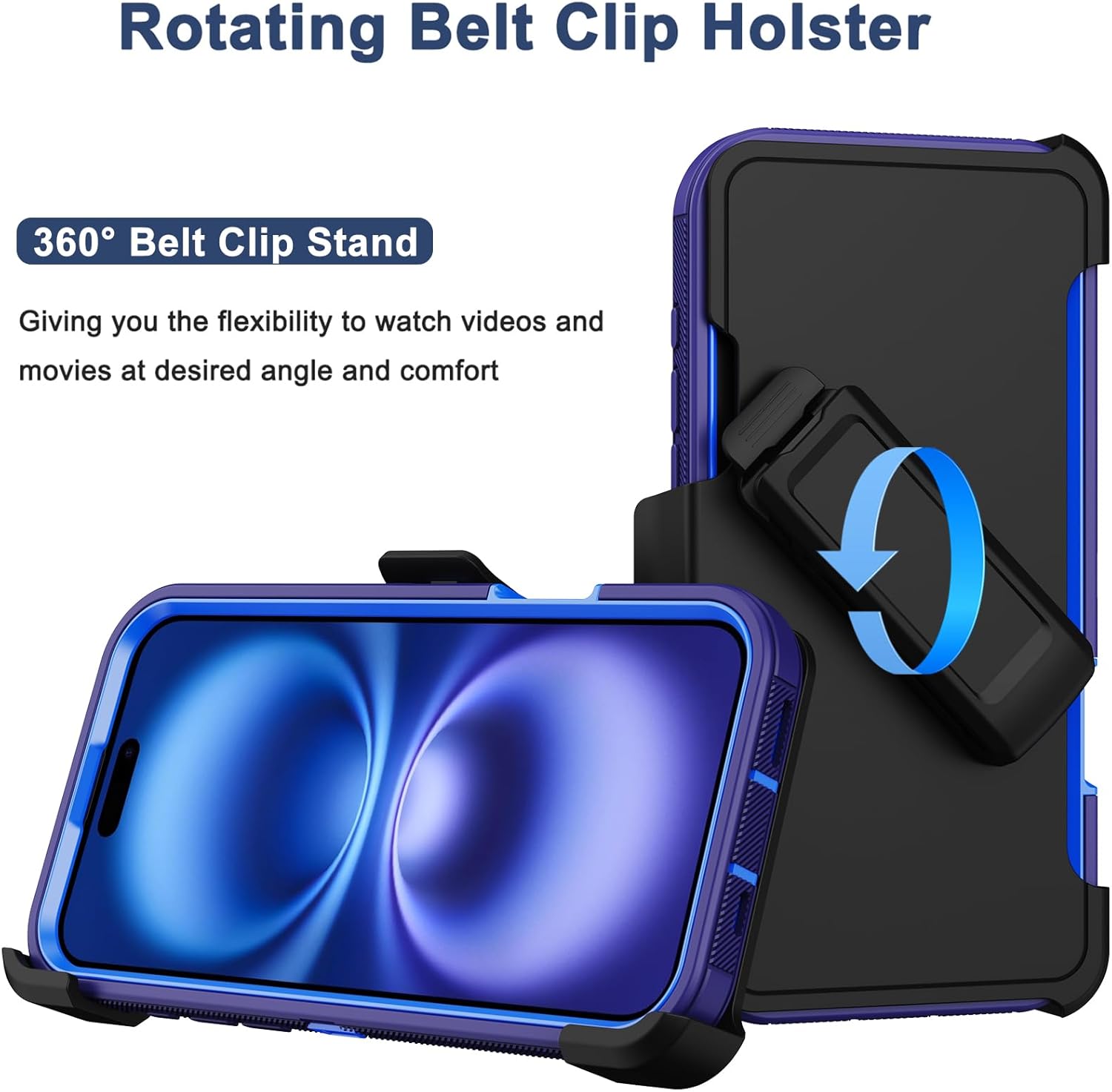 RubCase for iPhone 16 Plus Phone Case,Military Grade Drop Protection Cell Phone Cover with Belt Clip Holster Stand,Screen Protector x2 Rugged Shockproof Kickstand for iPhone 16 Plus Case 6.7” (Blue) - Image 2