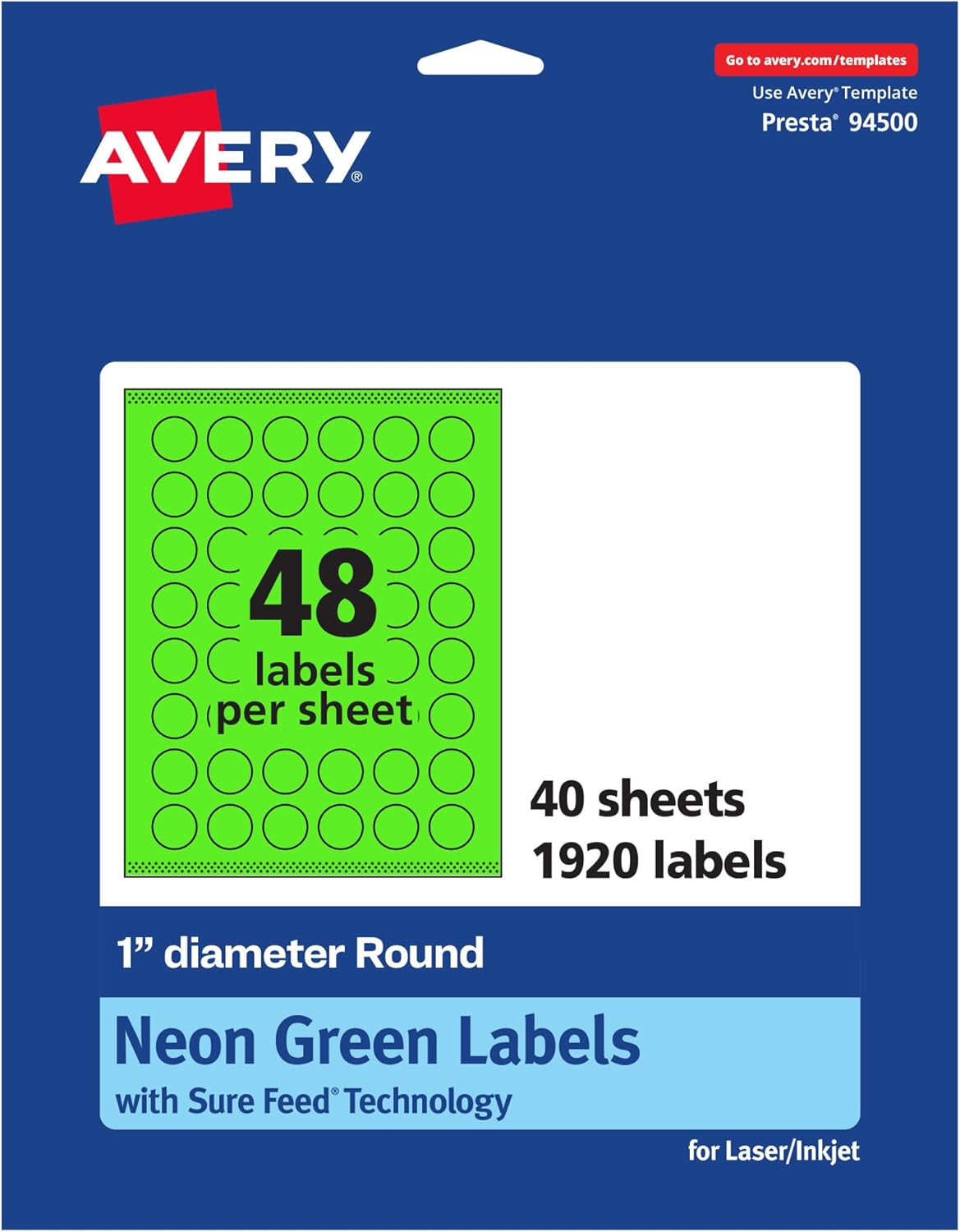 Avery Printable Round Labels, Sure Feed Technology, 1" Diameter, Neon Green Labels, Print-to-The-Edge, Laser/Inkjet, 1,920 Total, Great for Price Stickers and Mailing Seals