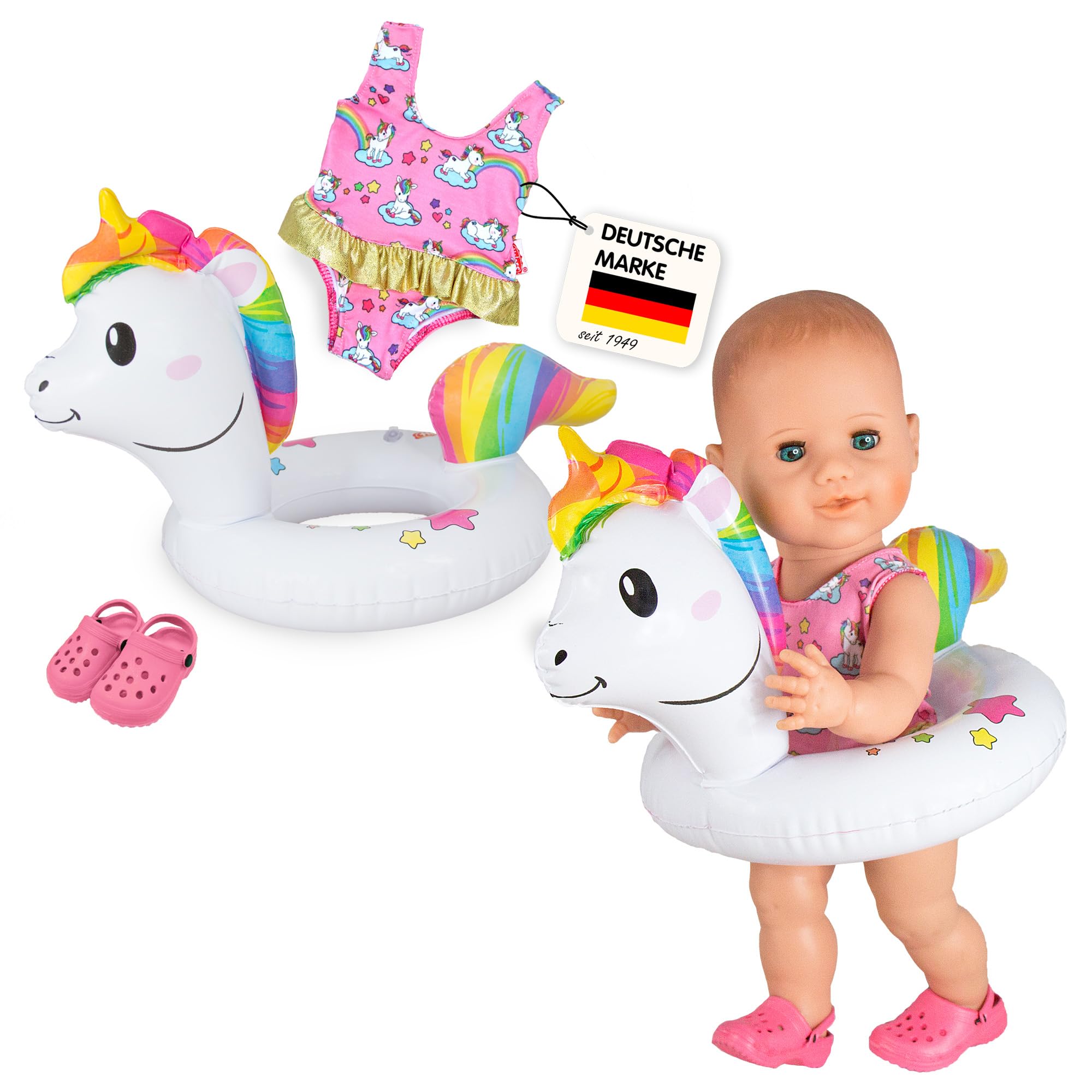 Heless 66 - Schwimm-Set für Puppen, 3 teilig, Motiv Einhorn Henri, Badeanzug, Clogs und Schwimmring, Größe 35-45 cm, für Badespaß an heißen Sommertagen