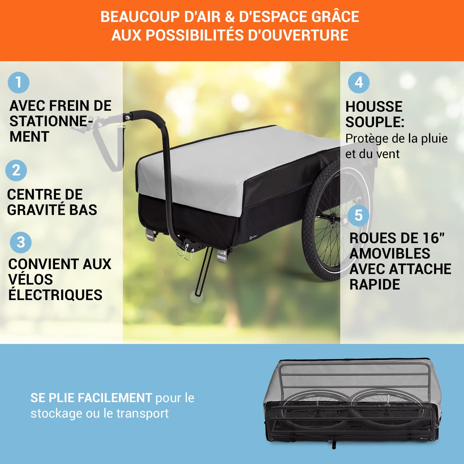 Klarfit Remorque Velo Cargo 2 Roues Acier avec Attelage Support Etanche Camping Bagages Trekking