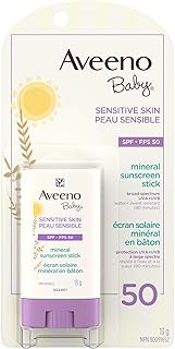 Aveeno Baby Sensitive Skin Mineral sunscreen stick Spf 50 With 100% Zinc Oxide, for Face & Body, Sweat- & Water-resistant ...