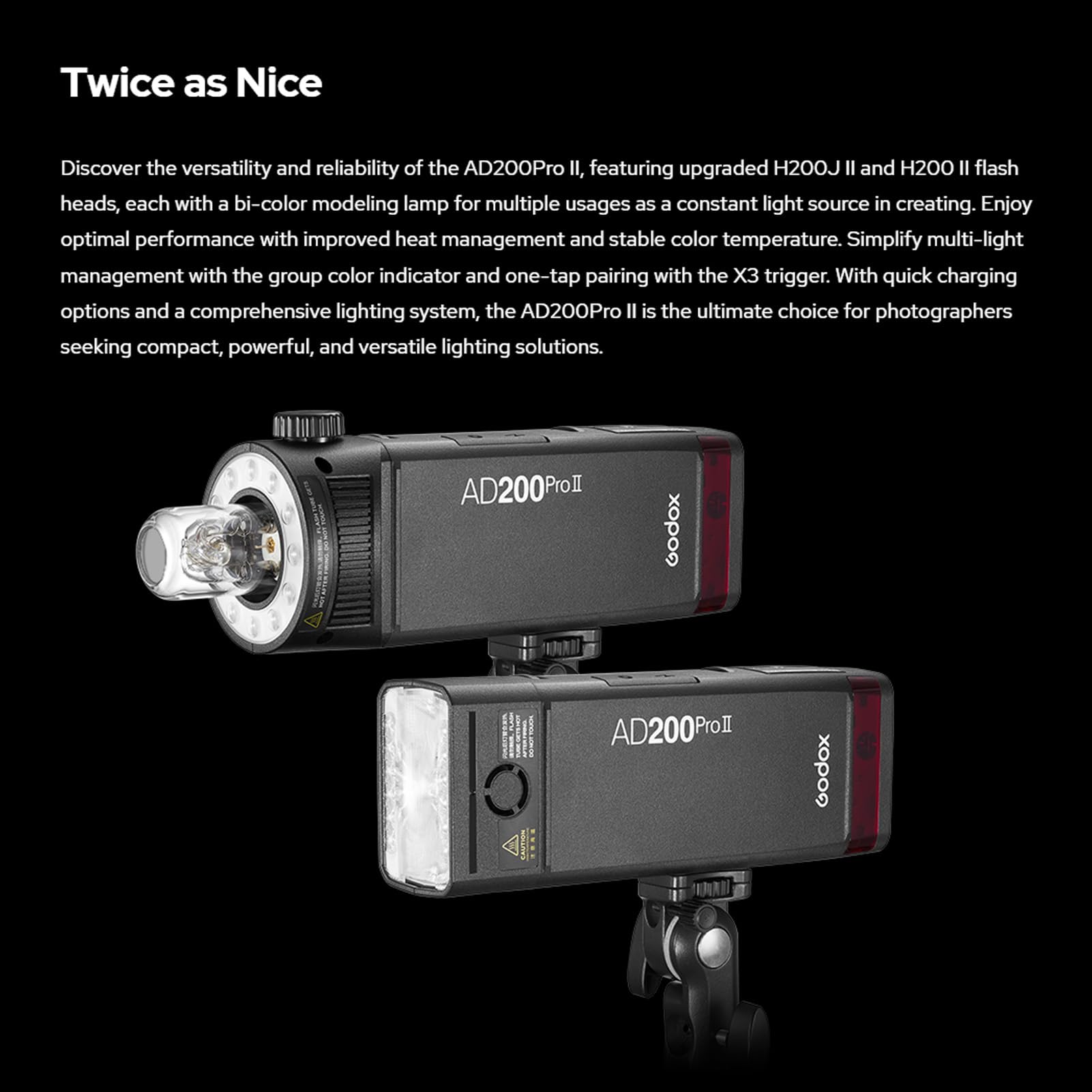 Godox AD200ProII Verbesserter TTL 200 W Blitzköpfe mit Bi-Einstelllicht | 500 Blitze, 1/8000 s HSS, 5800 ± 200 K, 0,01–1,8 Sekunden Ladezeit, Leistungsregelung in 1/512-Stufen, Farbsignalleuchte