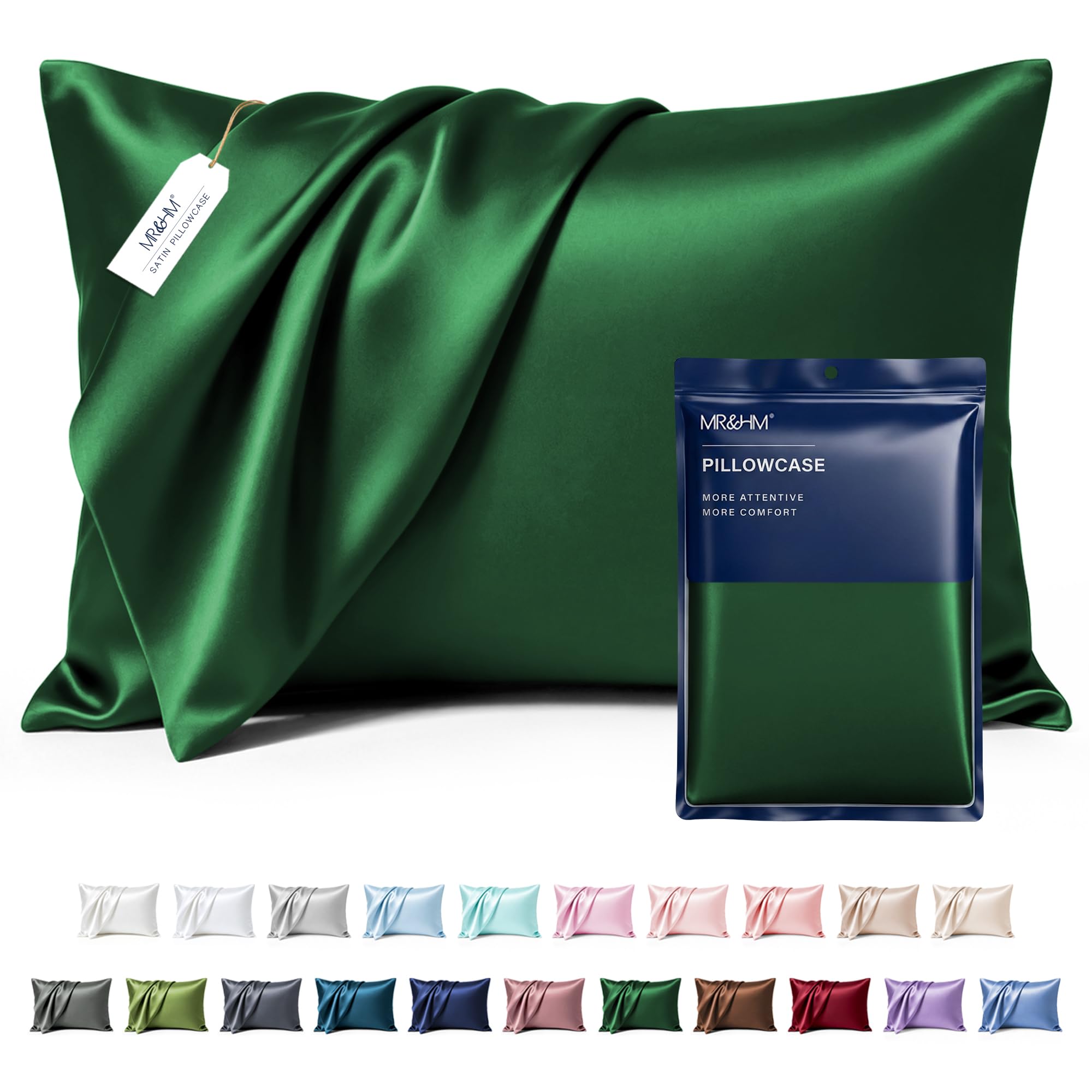 Photo 1 of MR&HM Satin Pillowcase for Hair and Skin, Silk Satin Pillowcase 2 Pack, Queen Size Pillow Cases Set of 2, Silky Pillow Cover with Envelope Closure (20x30, Dark Green)