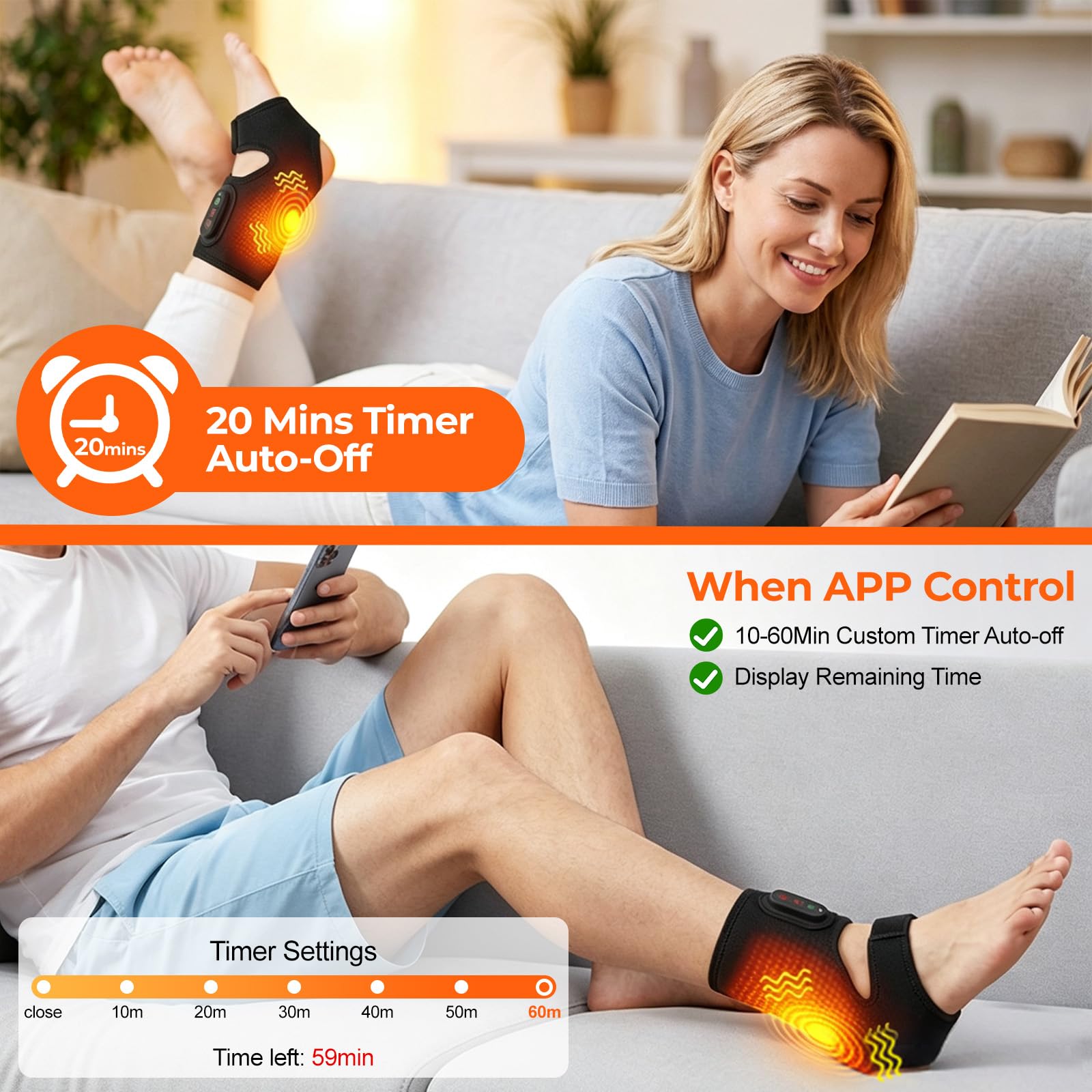 Masajeador de pies con calor, tobillo inalámbrico con calefacción | almohadilla térmica de tobillo con 3 niveles de calor y 3 modos de vibración, envoltura térmica para mujeres y hombres