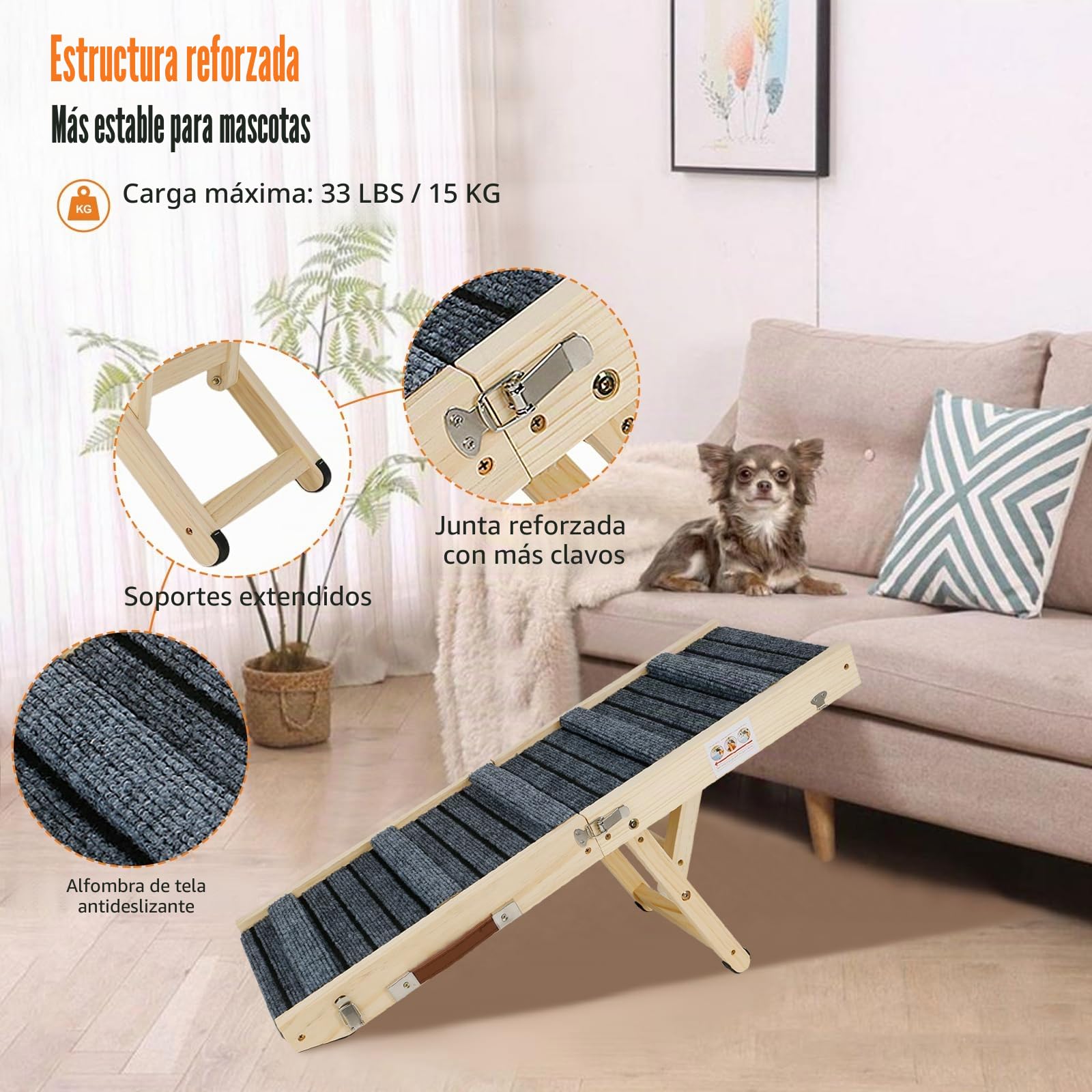 Rampa para perros, escalera de madera para perros pequeños y ancianos, ajustable 20-45 cm, con alfombrilla tritt antideslizante, rampa para mascotas, plegable, portátil, para cama o sofá/coche