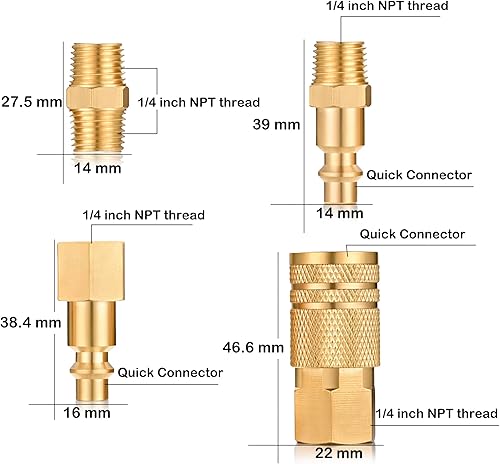 Miniatura 2 de Kit de acoplador de aire y enchufe, accesorios de aire de conector rápido, accesorio de manguera de aire industrial NPT de 14 de pulgada (8 piezas)