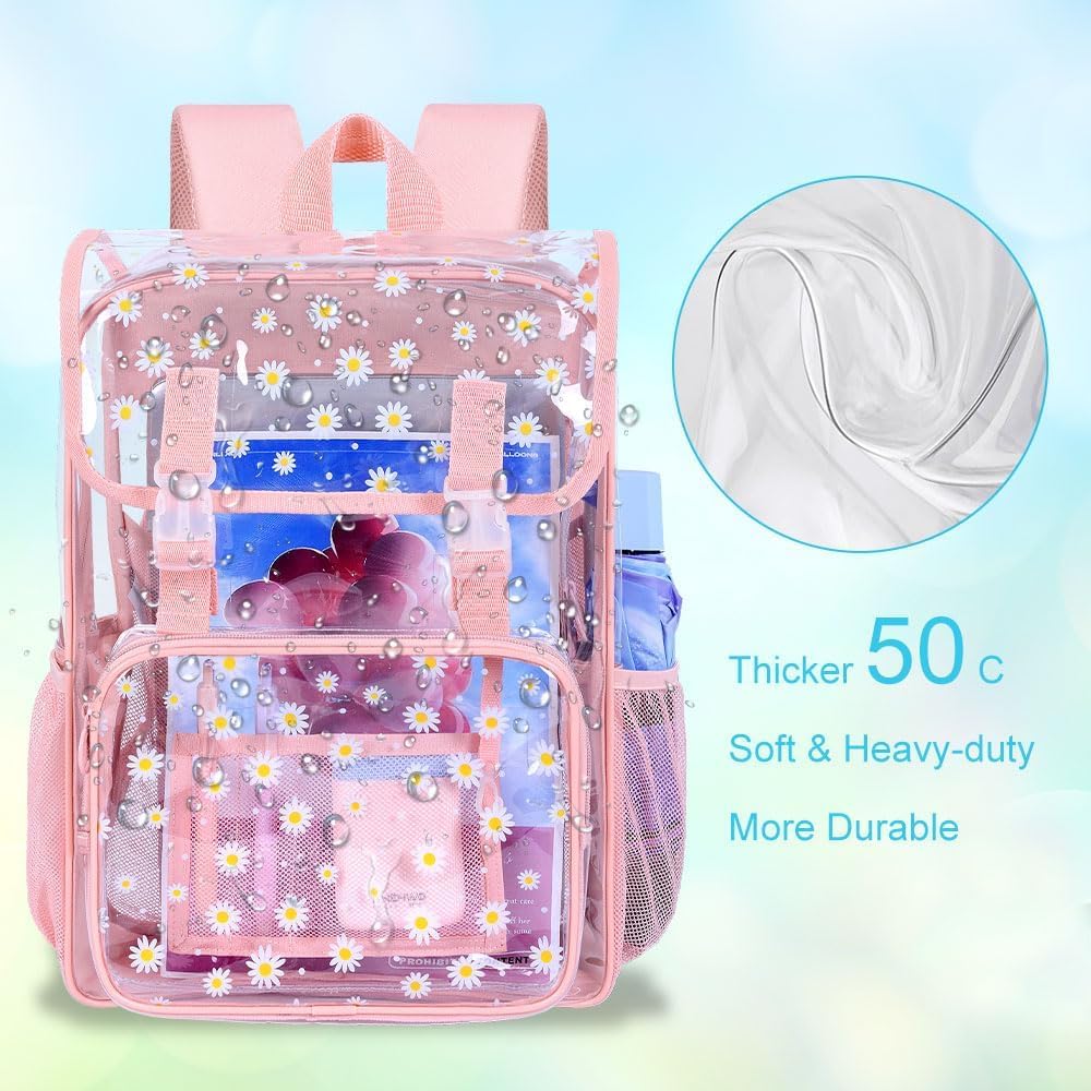 3PCS Pink Clear Backpack, Heavy Duty Transparent Bookbag for Girls Women, Stadium Approved See Through Backpack with Lunch Box (Pink Daisy)