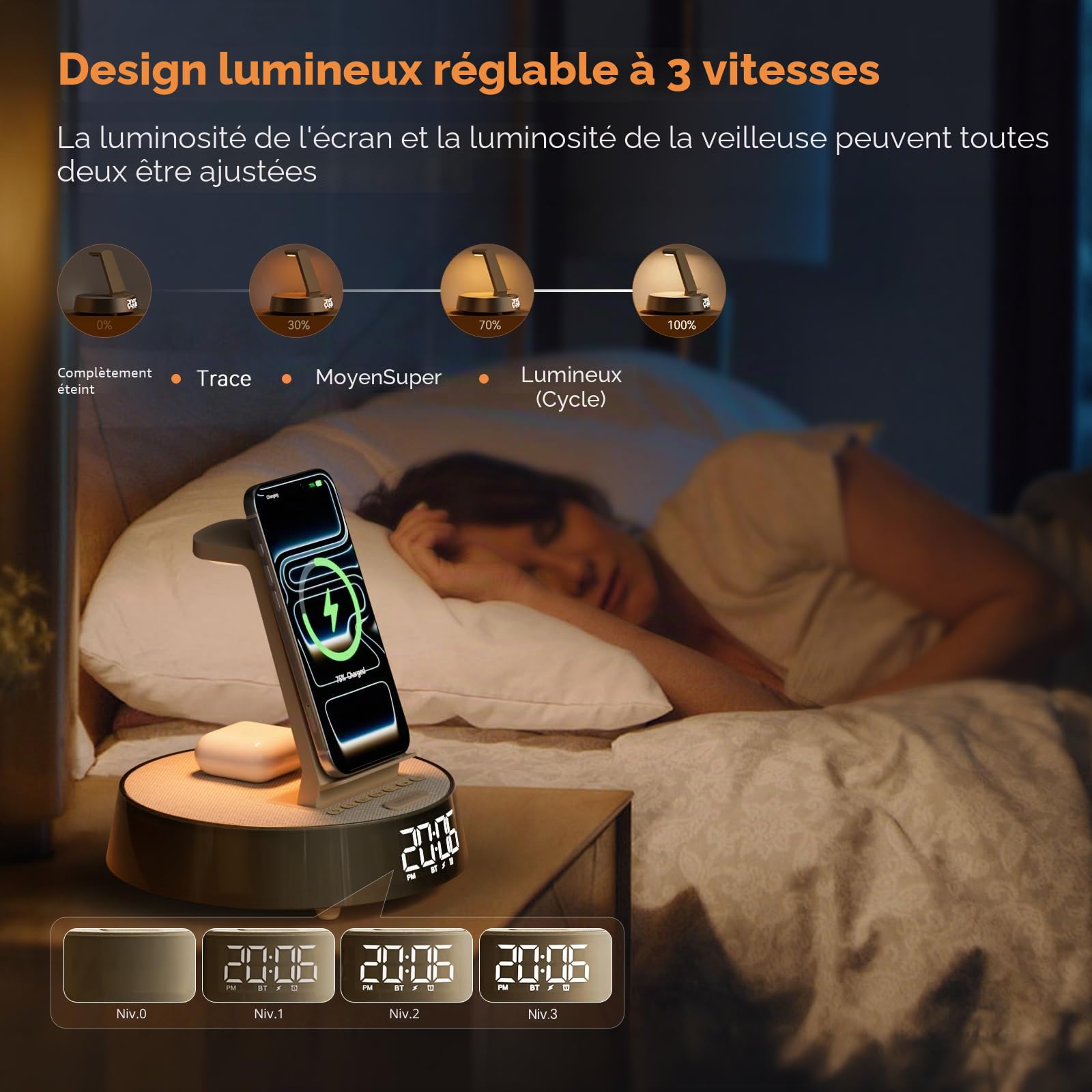 Chargeur Induction pour i Phone avec Radio Reveil Digital, Réveil Matin