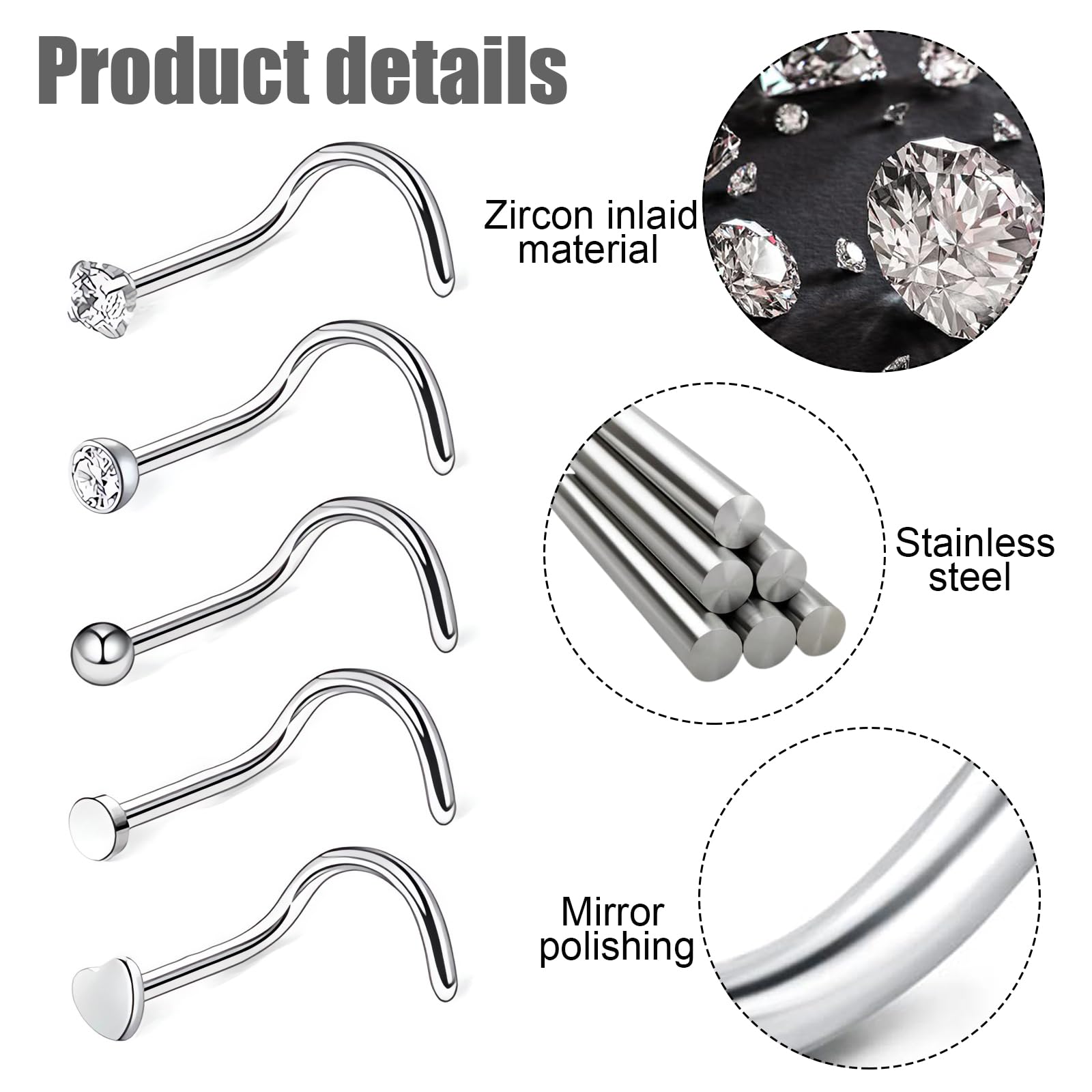 Piercing nariz plata 20G acero quirúrgico delgada barra de cristal Kit Regalo Mujeres Hombres Niñas