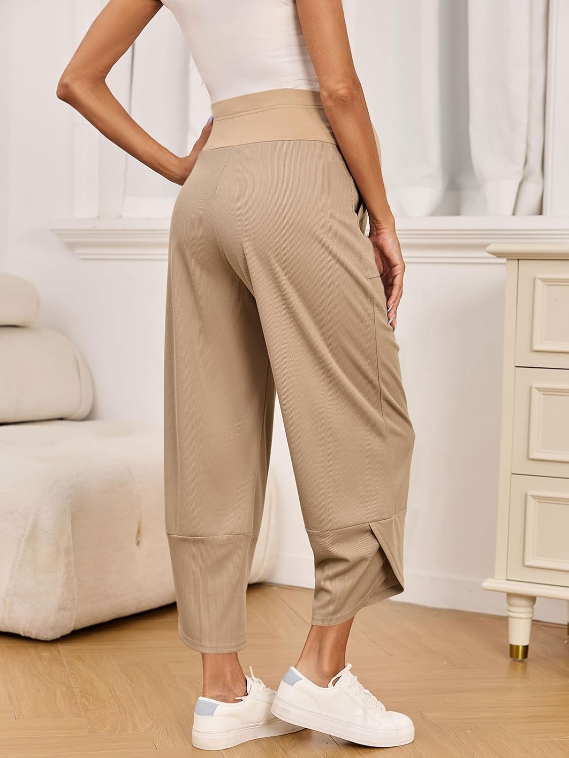Yousify Womens Wide Leg Maternity Pants Casual Stretchy Ribbed Palazzo Pregnancy Trousers with Pockets - Image 3
