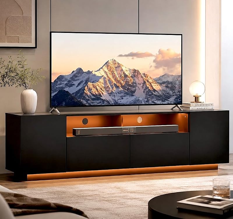 WLIVE LED TV Stand for 65/70/75 Inch TVs, Modern Entertainment Center with Storage Cabinets and Drawer, Gaming Media TV Console with RGB Lights for Living Room, Black
