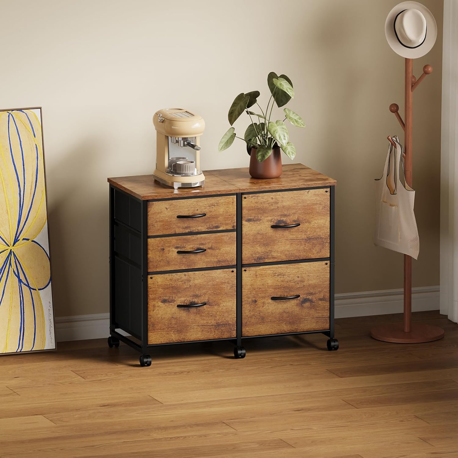 Lateral File Cabinet with 5 Drawers Rolling Filing Cabinets Under Desk Storage Printer Stand with Wheels,Mobile File Cabinet for Home Office,Rustic Brown