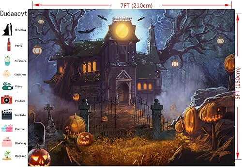 Miniatura 7 de Dudaacvt Telón de fondo de Halloween de 8 x 6 pies, noche de terror, luna, cementerio, calabaza, farol, telón de fondo para Halloween, niños,