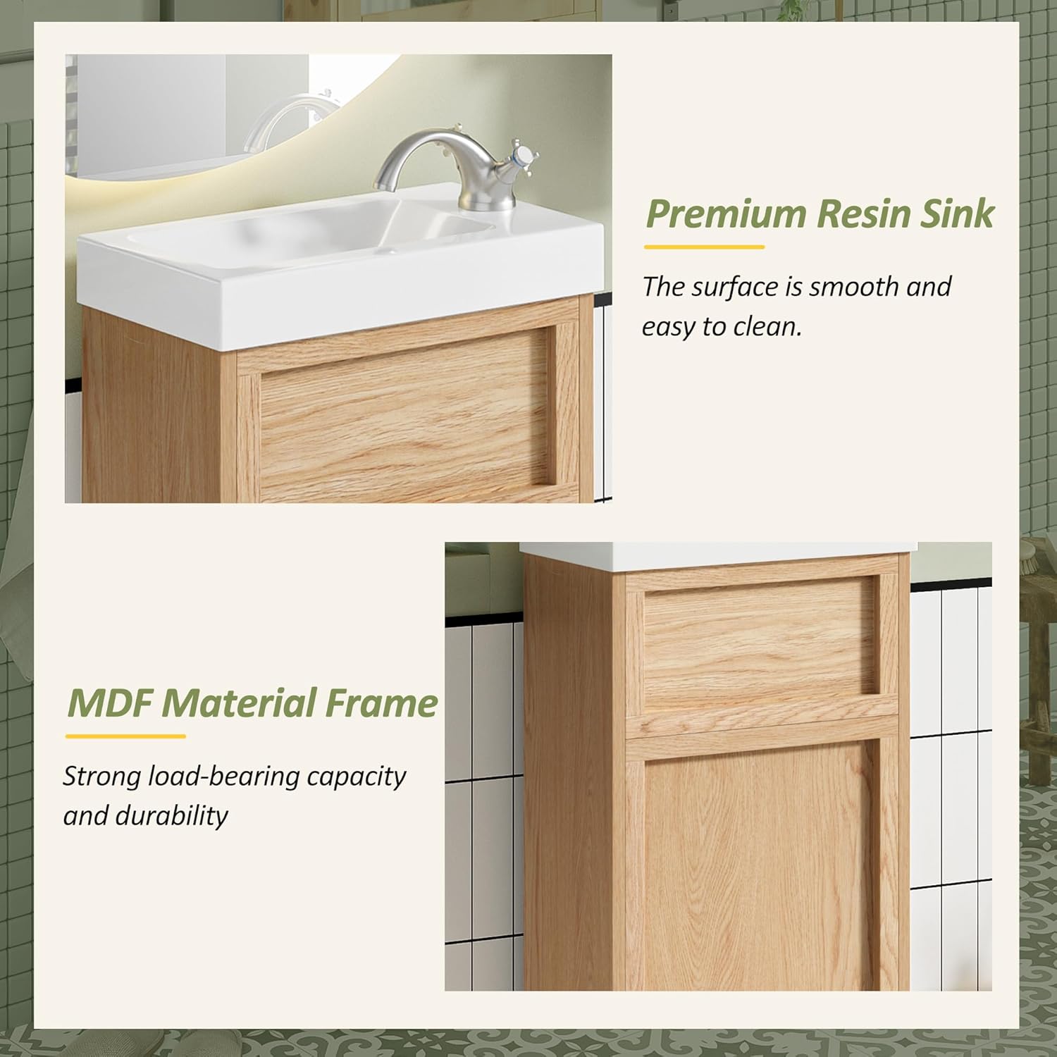 16 Inch Bathroom Vanity with Sink, Small Freestanding Bathroom Vanity with Soft Close Door, Reversible Resin Sink, Rustic Single Sink Vanity Combo for Small Bathroom