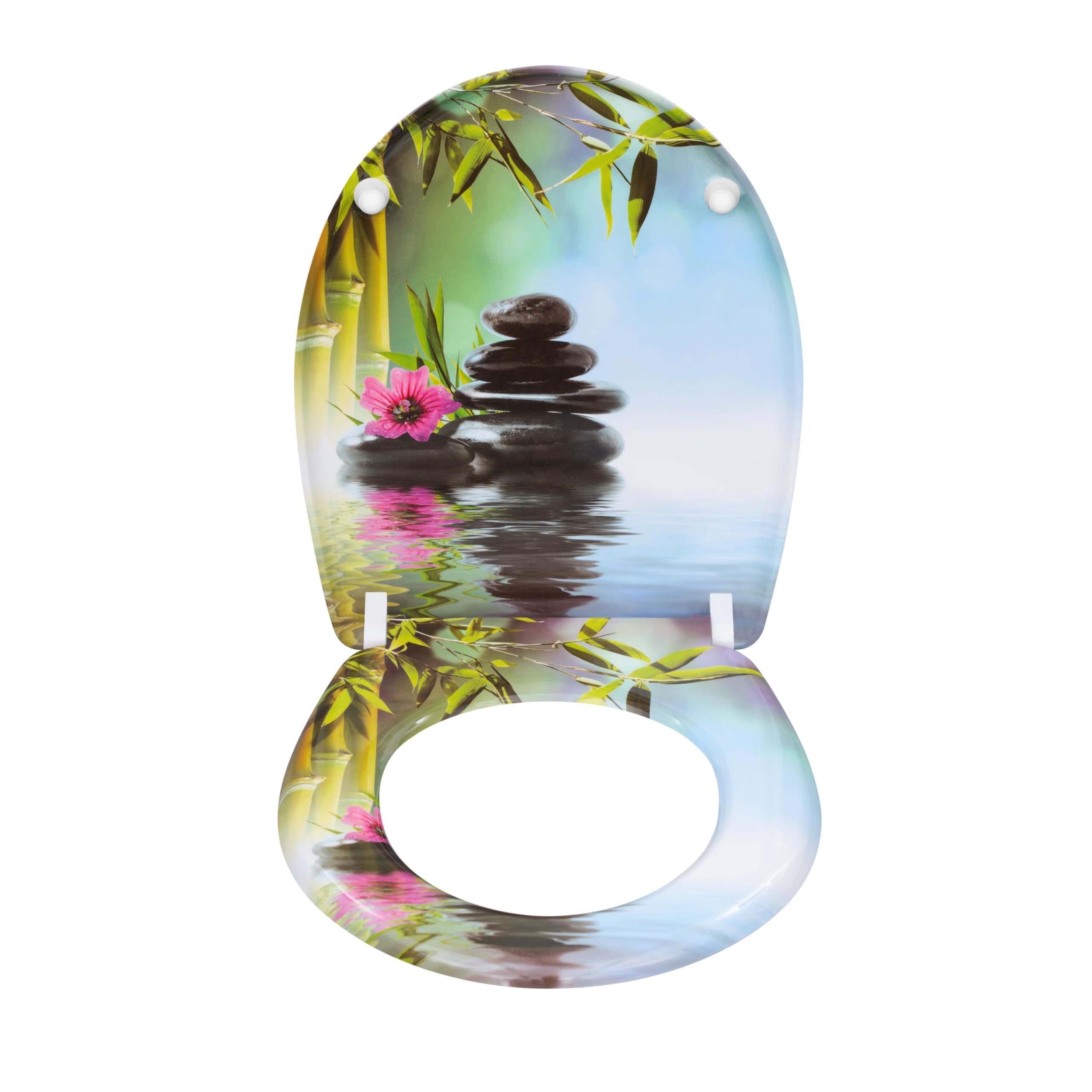 eSituro Abattant de Toilette, Siège WC en Forme de O à Fermeture Douce, Montage par le Haut, Déverrouillage Rapide, Charnières Réglables à 360°, en Duroplast, Pierres et fleurs