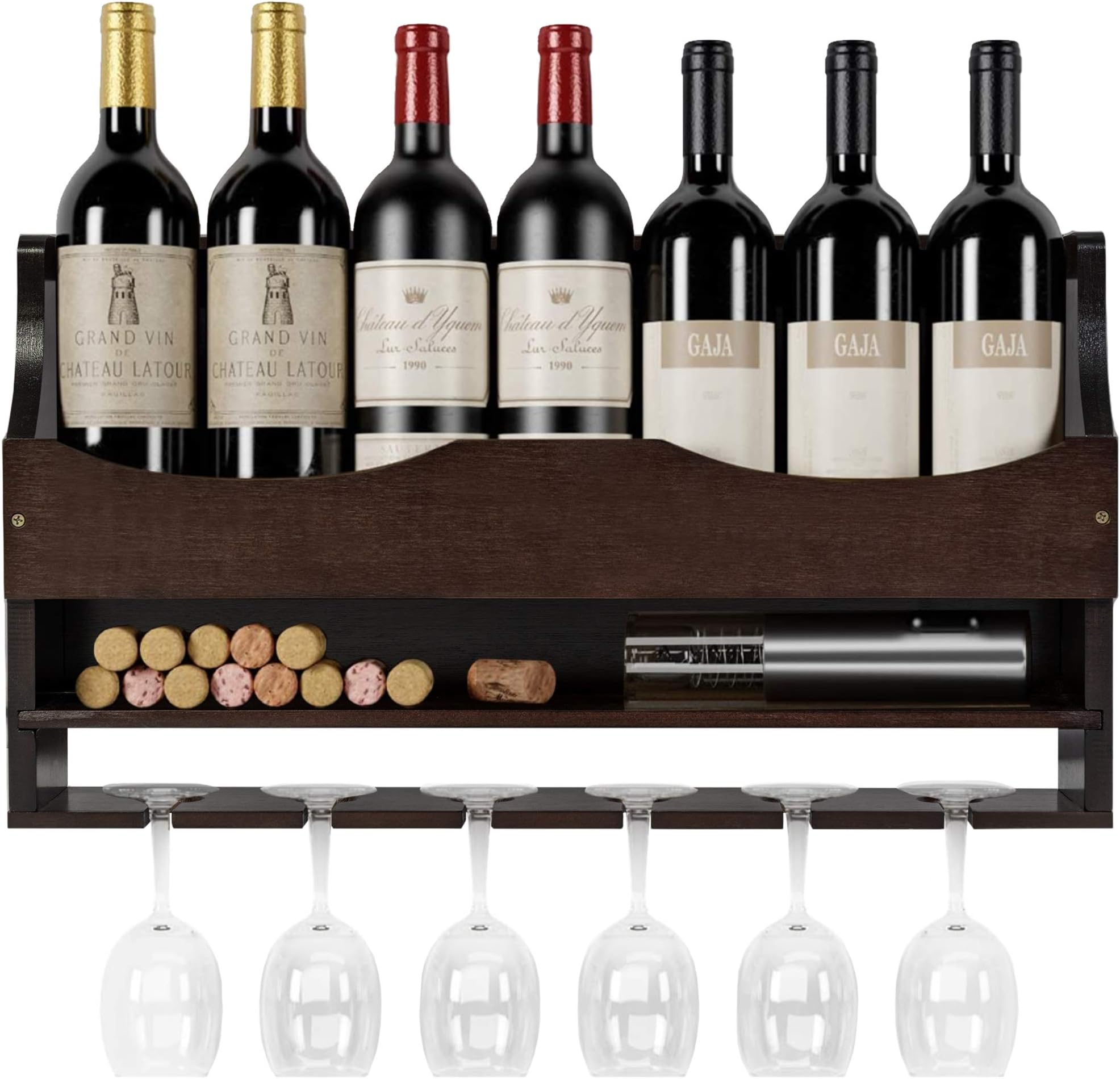 DHMAKER Wall Mounted Wine Rack Bamboo, Industrial Wine Shelf with Glass Holder, Hanging Floating Wall Shelves, Wine Bottle Storage Display Rack for Living Room, Dining Room, Kitchen