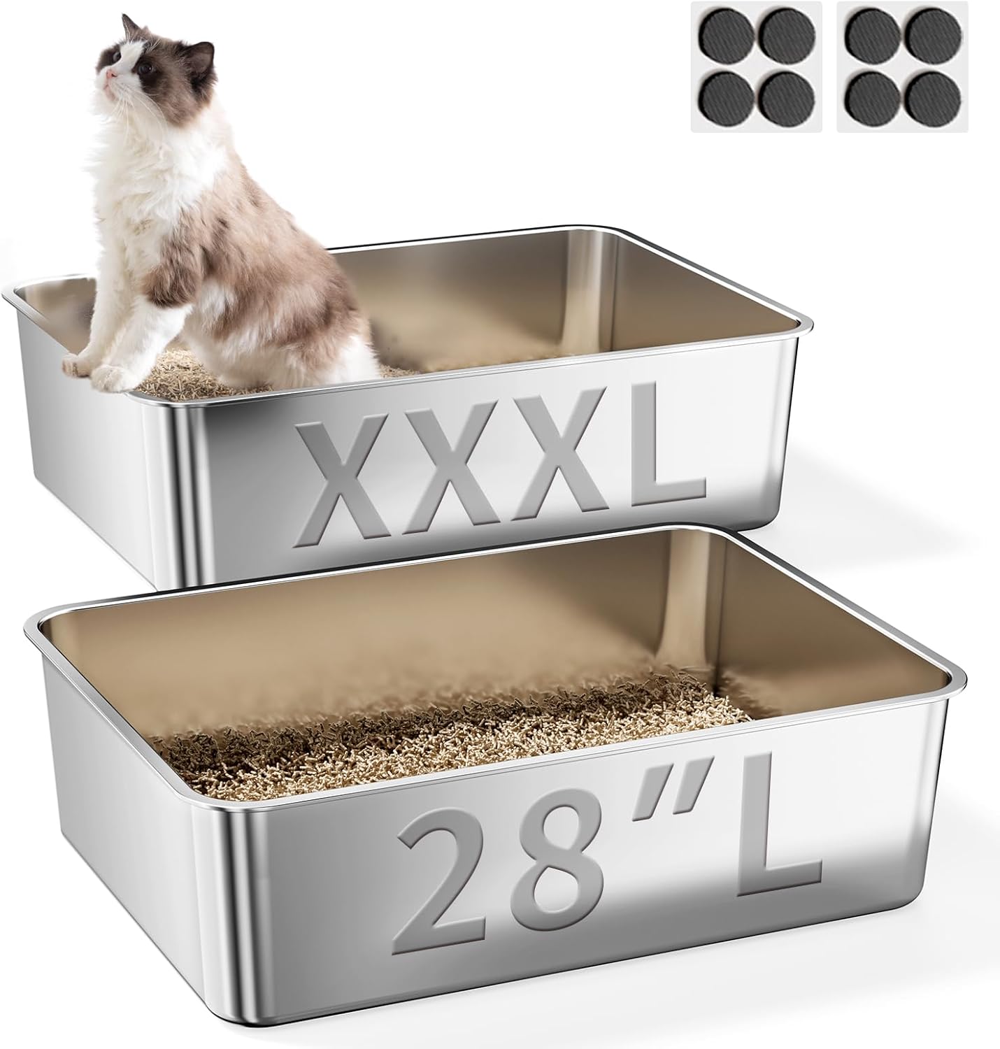Jotesnew 2 Pack XXXL Stainless Steel Litter Box,28" L*20" W*6" H Large Capacity Metal Cat Litter Box for Big & Multiple Cats,Anti-Leakage,Non-Stick Surface for Easy Cleaning,Odor-Resistant