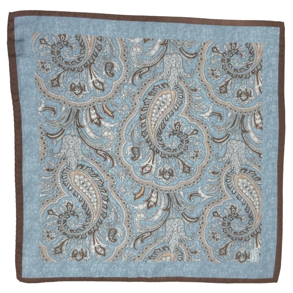 Light Blue Italian Silk Pocket Square for Men with Brown Paisley Design and Dual Border-image-45