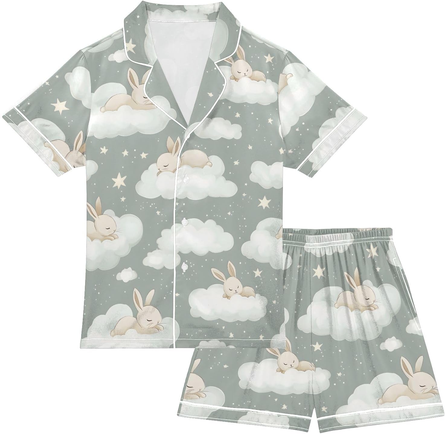 Kids Satin Wear Set Cloud Rabbit Stars Pattern Relaxed Fit Clothing Short Sleeve and Shorts