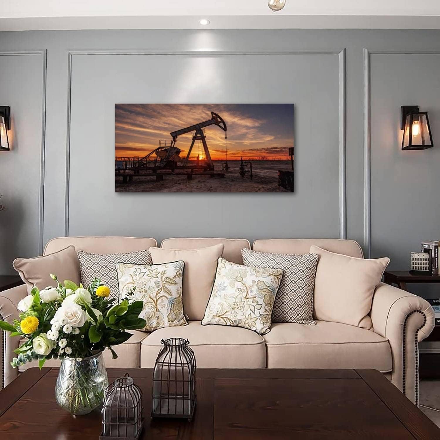 Wall Art Paintings Oil pump rig Oil gas production Oilfield site Pump are running Canvas Art Print wall Poster Artwork for living Room Bedroom Wall Decor and Home Decor 20 x 40inch x 1pcs