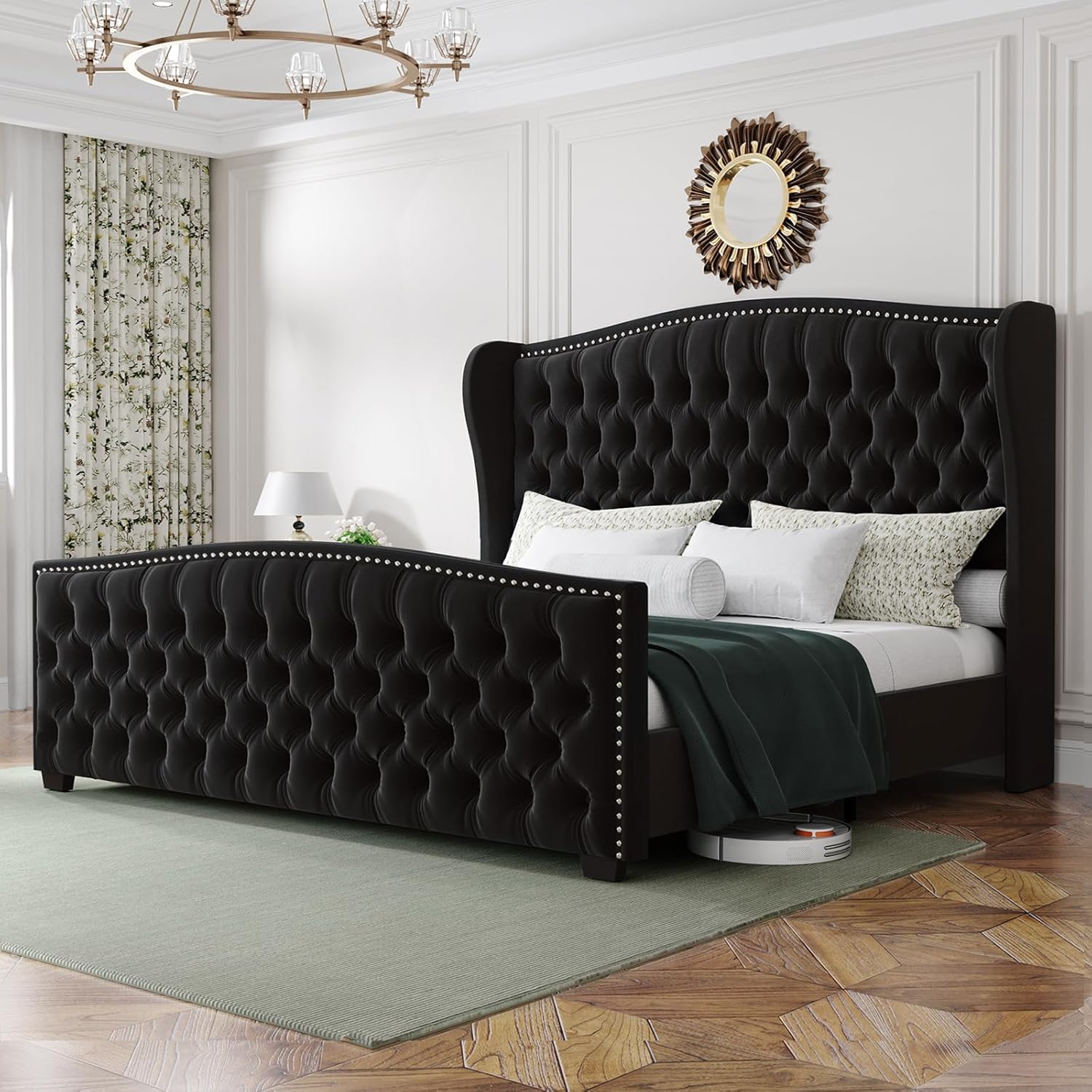 LUXOAK California King Platform Bed Frame, Velvet Upholstered Bed Frame with Wingback Headboard Handmade, Button Tufted & Nailhead, Wooden Slats