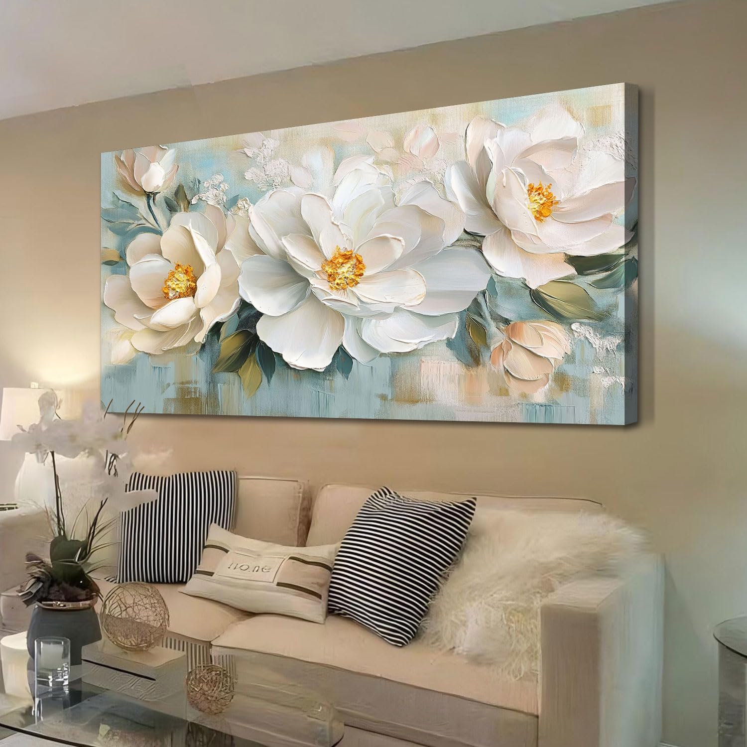 Enartly White Flowers Canvas Wall Art, Natural Plant Painting Textured Artwork for Living Room Bedroom Hallway Kitchen Dining Room Home Office Wall Decor, 48"x24" 48"L x 24"W White flower