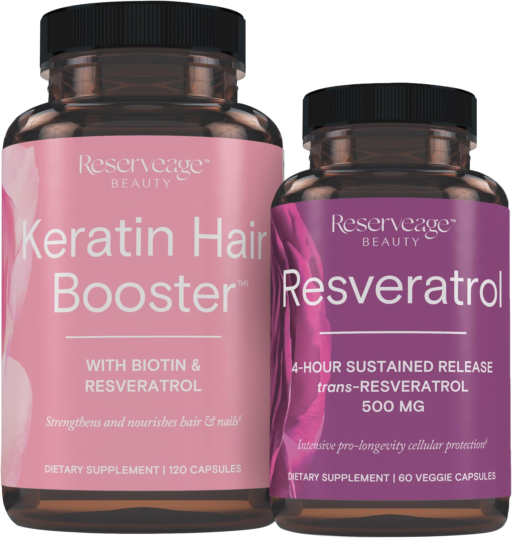 Keratin Hair Booster with Biotin & Resveratrol, Hair and Nail Growth Supplement, 120 Capsules (60 Servings) & Resveratrol 500 mg, Supports Healthy Aging and Immune System