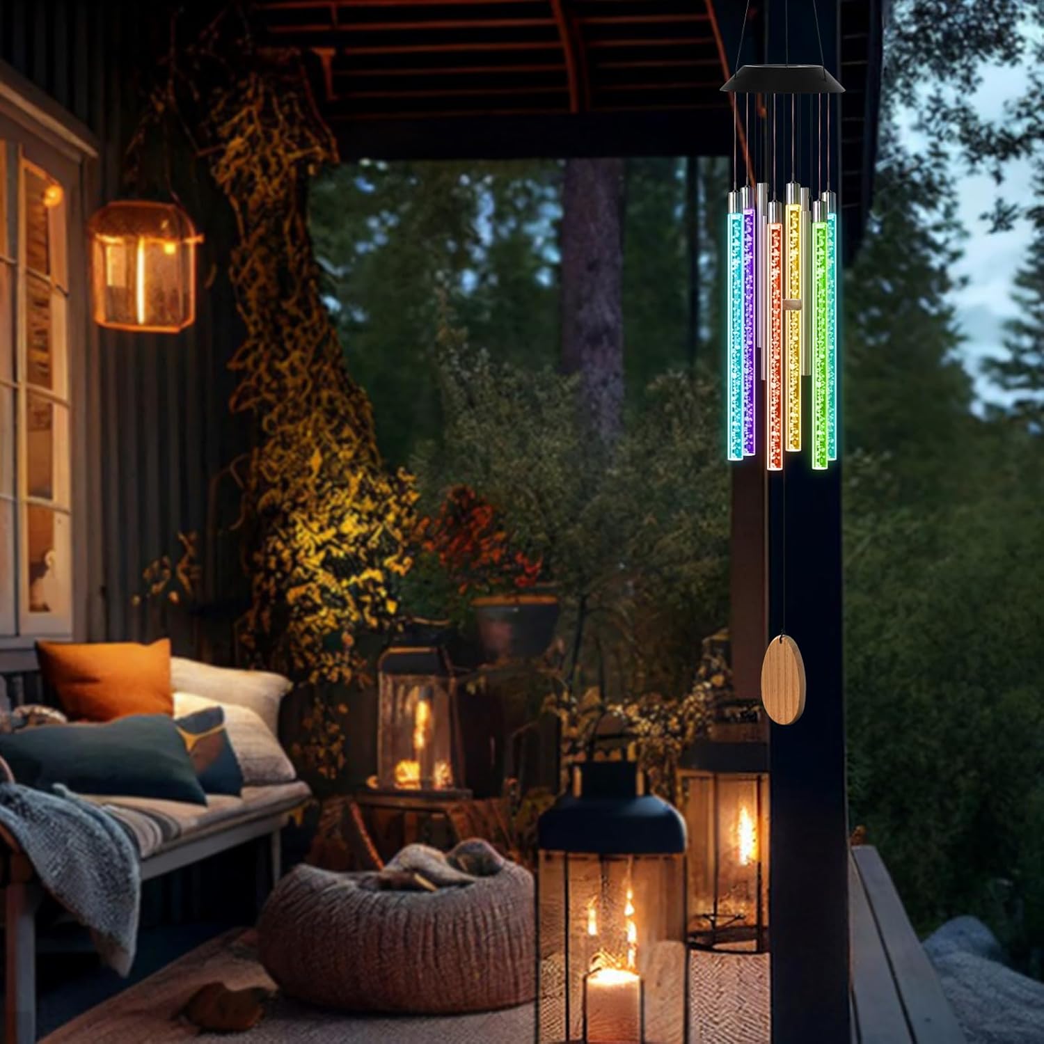 Solar Wind Chimes for Outside,37 Inch Memorial Wind Chimes Gifts for Mom Grandma, 6 LED Tubes Color Changing Waterproof Windchimes Hanging Ornament for Home Outdoor Patio Garden Yard