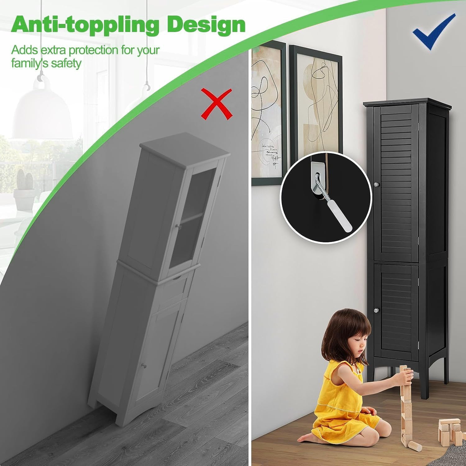 63" Tall Narrow Storage Cabinet, Bathroom Cabinet with 2 Doors and 5 Tier Storage Shelves, Slim Bathroom Storage Cabinet for Small Space, (Black)