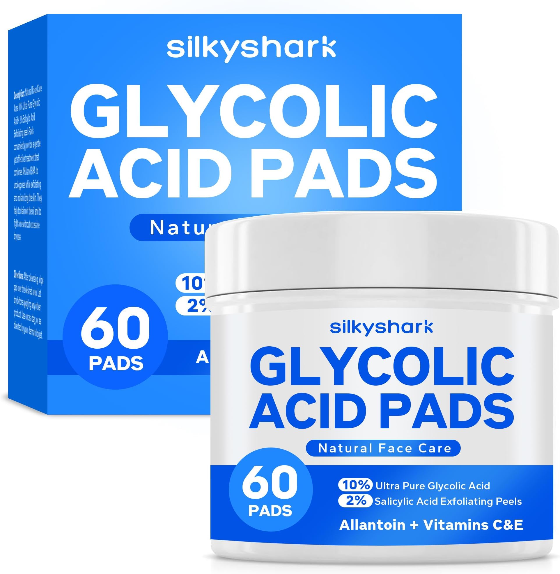 SilkyShark Glycolic Acid Resurfacing Pads (60 Count), 10% Ultra Pure + 2% Salicylic Acid, Exfoliating Peel Pads for Face, Effective Chemical Peel, Radiant Skin Renewal