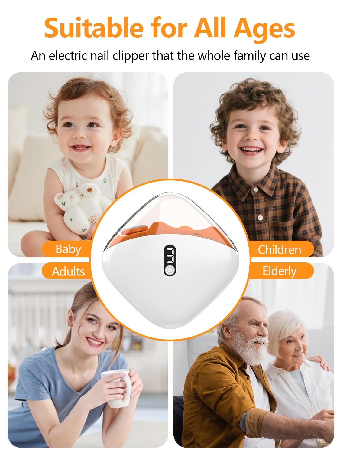 Cortauñas Eléctrico Nuevo 2026, Cortauñas y Pulidor Eléctrico 2 en 1 Con 3 Velocidades, Compartimento para Uñas, Carga USB-C, Lluminación Auxiliar LED, Para Bebés, Adultos y Personas Mayores (Naranja)