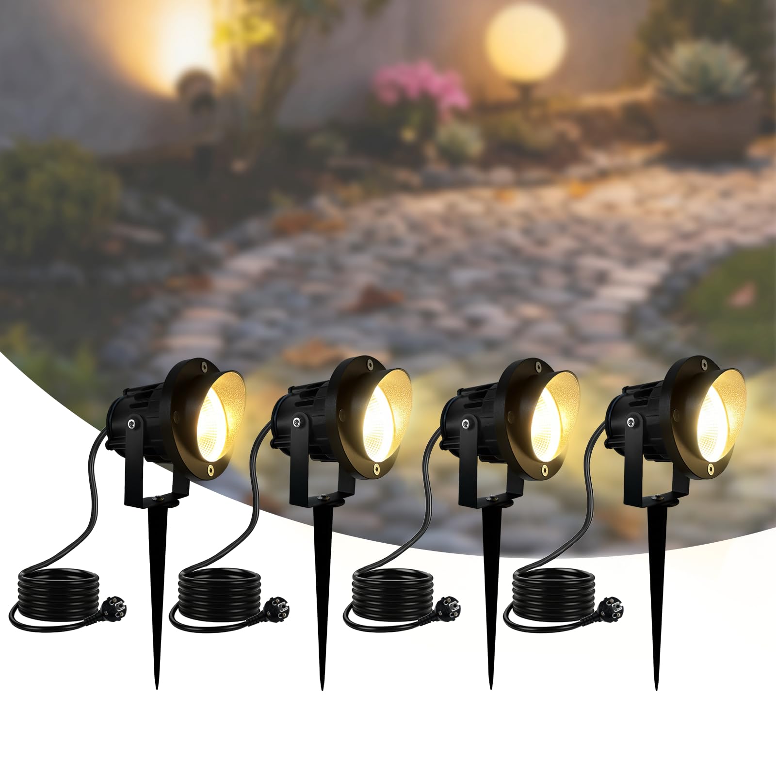 4 Stück Gartenbeleuchtung mit Strom Warmweiß 10W LED Gartenstrahler mit Erdspieß IP65 Wasserdicht Gartenleuchte für Außen Garten Wegen Rasen Hof (1,5 m Kabel mit Stecker)