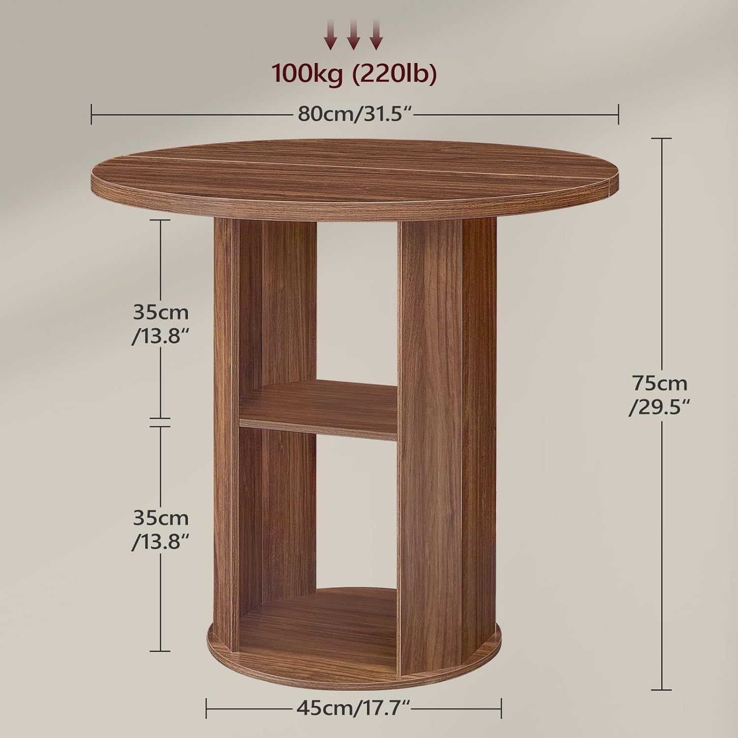 31.5" Round Dining Table with Storage Shelf for 2-3, Circle Kitchen Dinner Table with Thick Tabletop, for Small Spaces, Circle Nook Table for Kitchen & Dining Room, Walnut DTWA8501